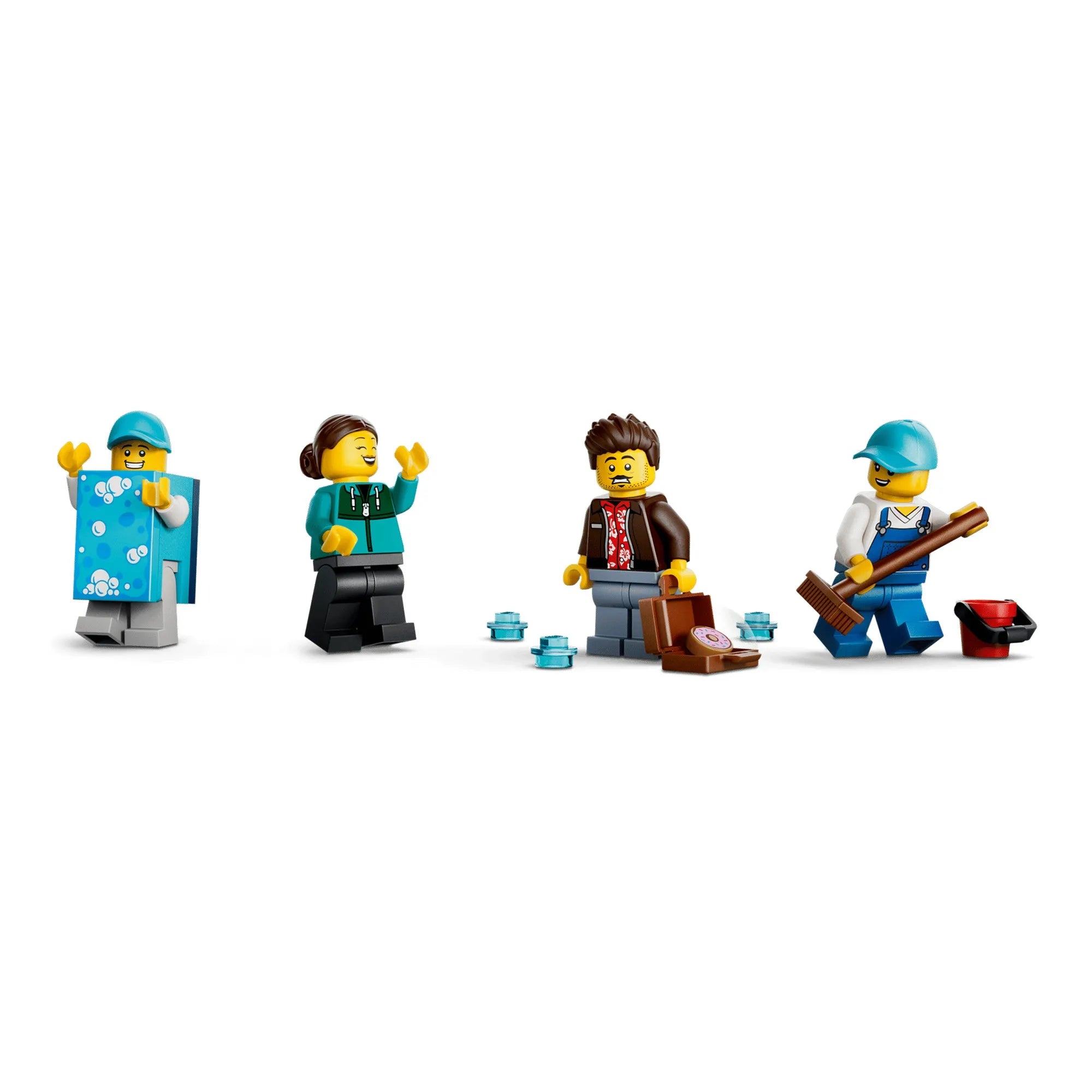 LEGO City 60497 minifigurák autómosó dolgozóval, ügyfelekkel, szivacs kabalafigurával és takarítóeszközökkel