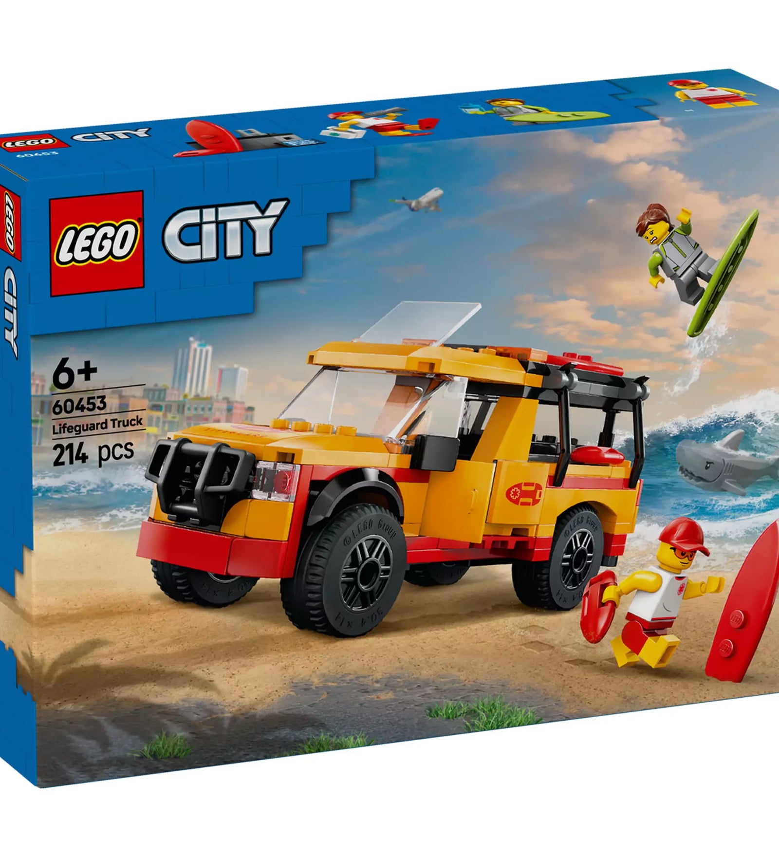 LEGO City Partimentők tengerparti autója 60453 készlet doboza, homokos tengerparton játszó figurákkal és mentőautóval.
