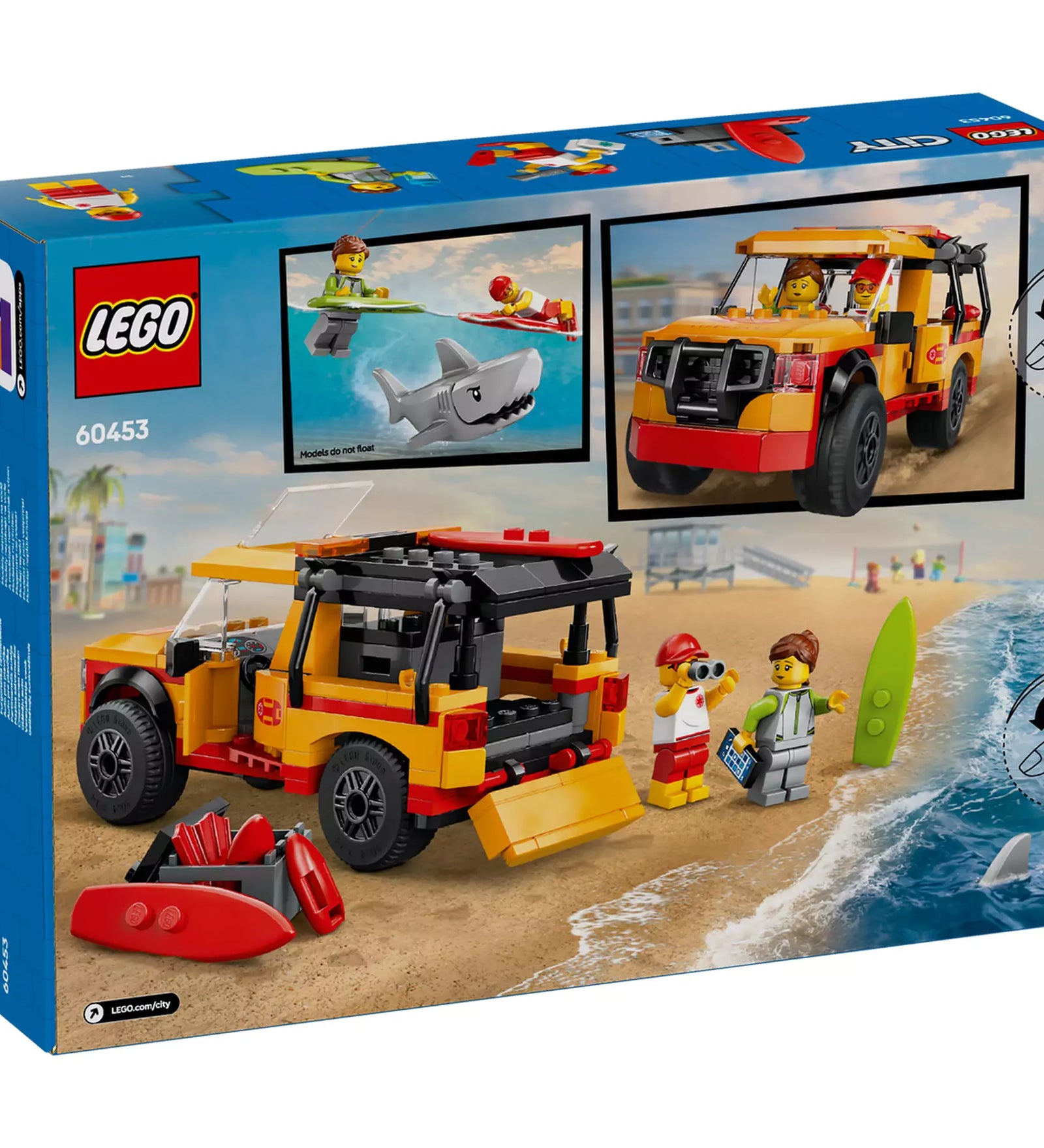  LEGO City Partimentők tengerparti autója 60453 doboz hátoldala, részletes jelenetekkel a mentési akcióról és a jármű funkcióiról.