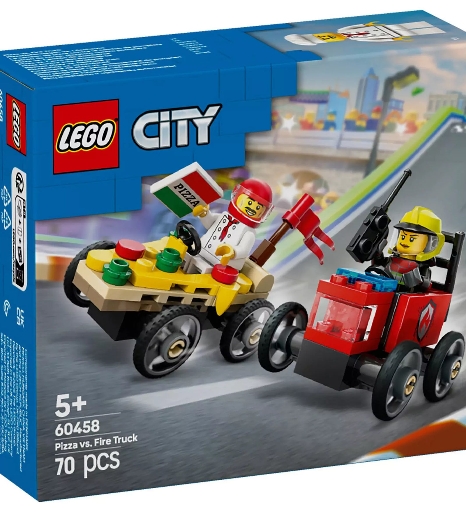 LEGO City Pizzásautó vs. tűzoltóautó (60458) dobozkép – Az izgalmas versenykészlet bemutatása a pizzásautó és tűzoltóautó részvételével.