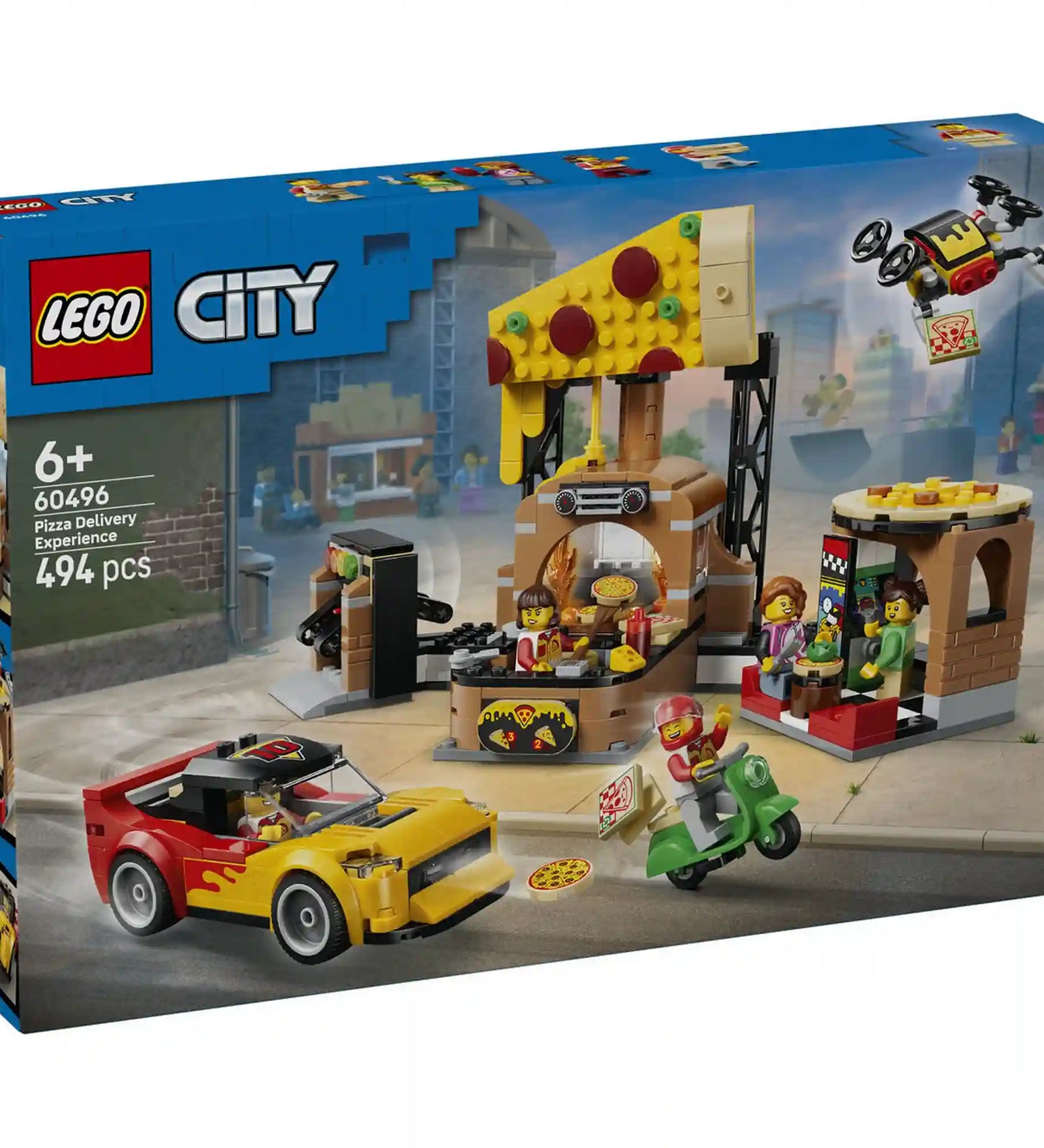 LEGO City Pizzéria kiszállító járművekkel 60496 készlet dobozképe pizzériával, sportautóval, robogóval, drónnal és minifigurákkal.