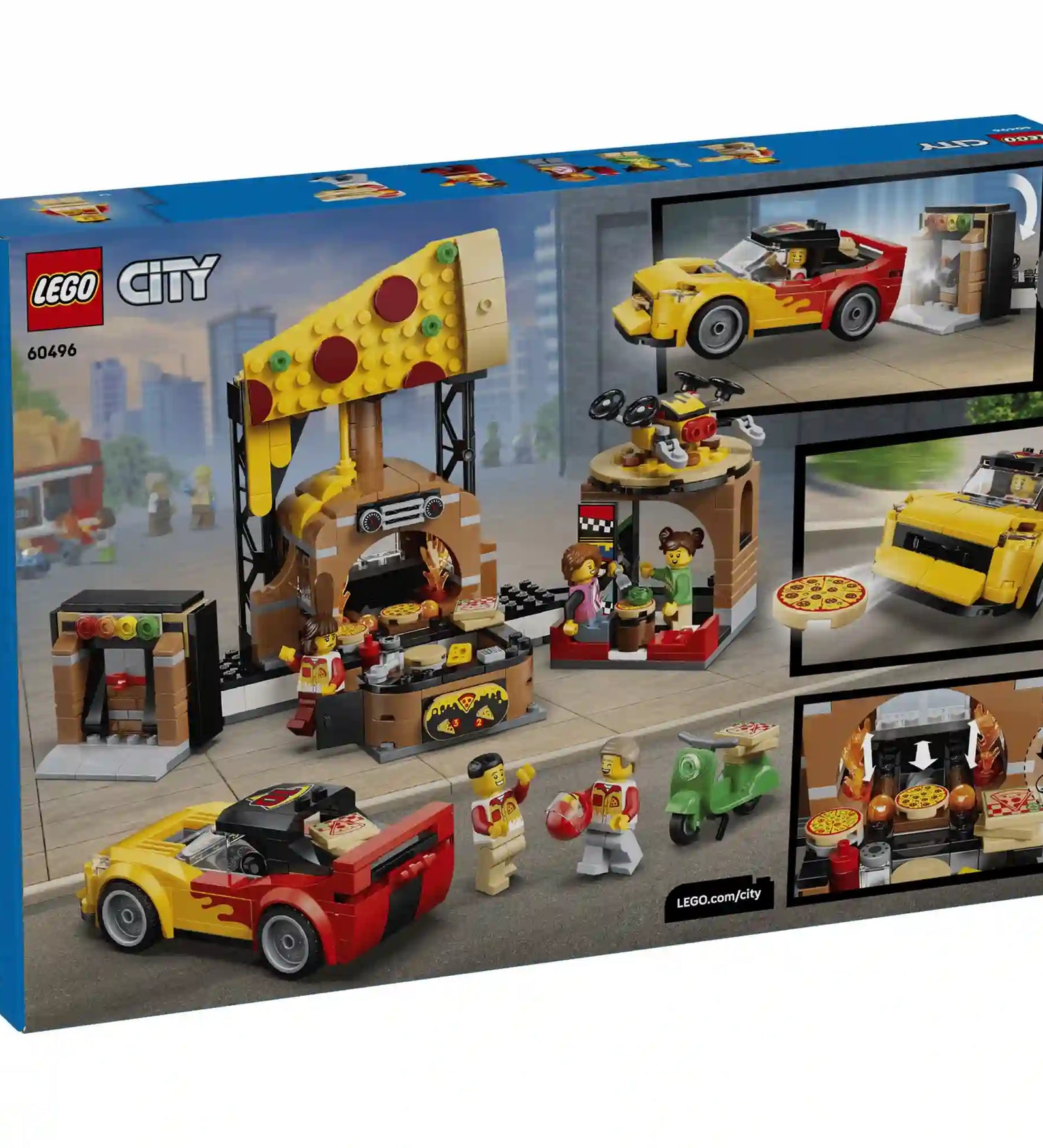 A LEGO City 60496 készlet hátoldala, amely bemutatja a pizzéria interaktív funkcióit, a kemencét, a pizzakiszállító autót és a drónt.