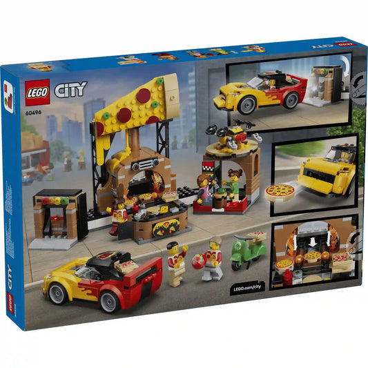 A LEGO City 60496 készlet hátoldala, amely bemutatja a pizzéria interaktív funkcióit, a kemencét, a pizzakiszállító autót és a drónt.
