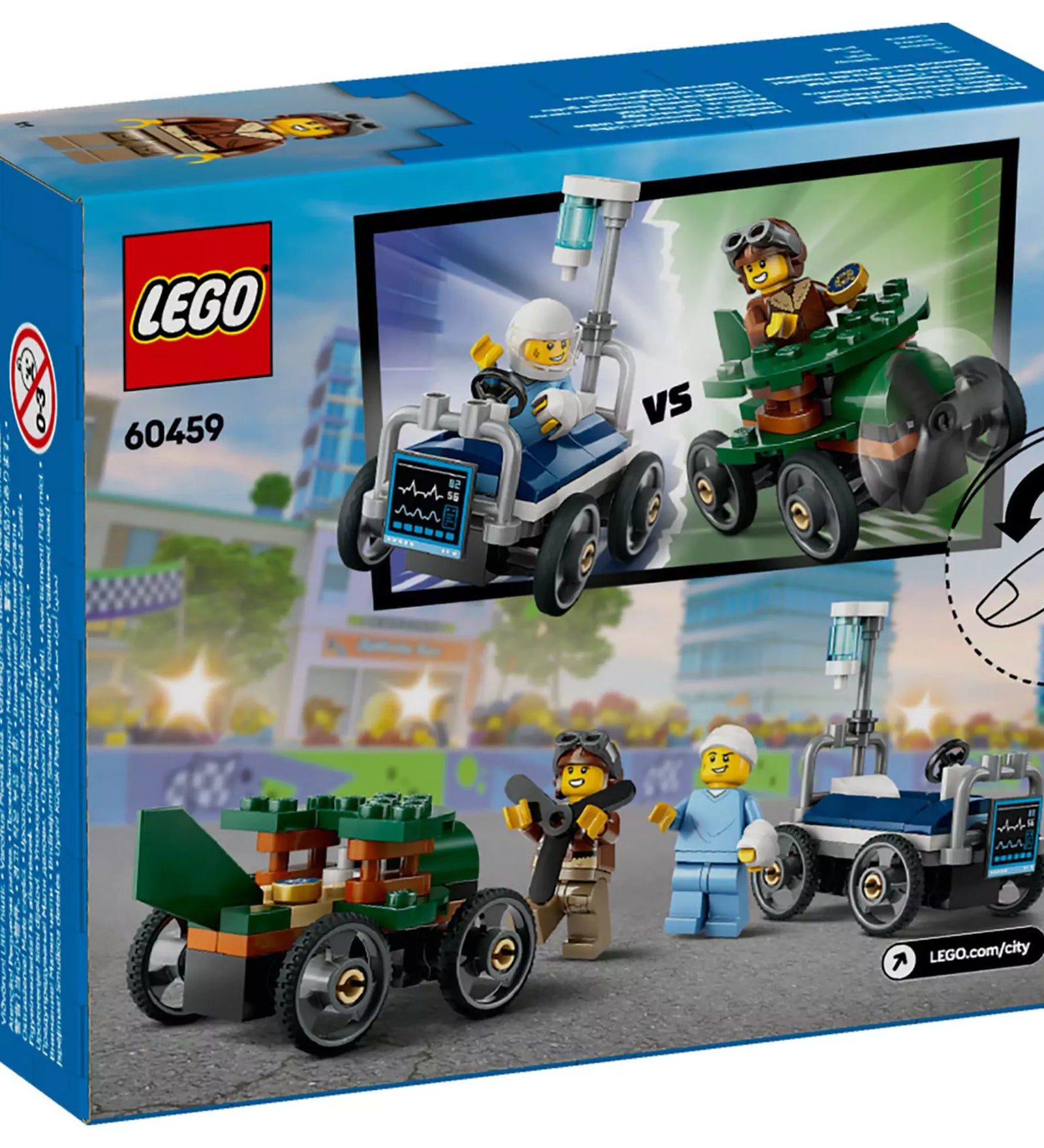 LEGO City Repülő vs. Kórházi ágy (60459) játékkészlet hátoldala, amely bemutatja a soapbox autók részleteit és a minifigurákat.