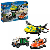 LEGO City 60505 készlet doboza és az elkészült mentőrepülő, szervizteherautó és légpárnás jármű fehér háttér előtt