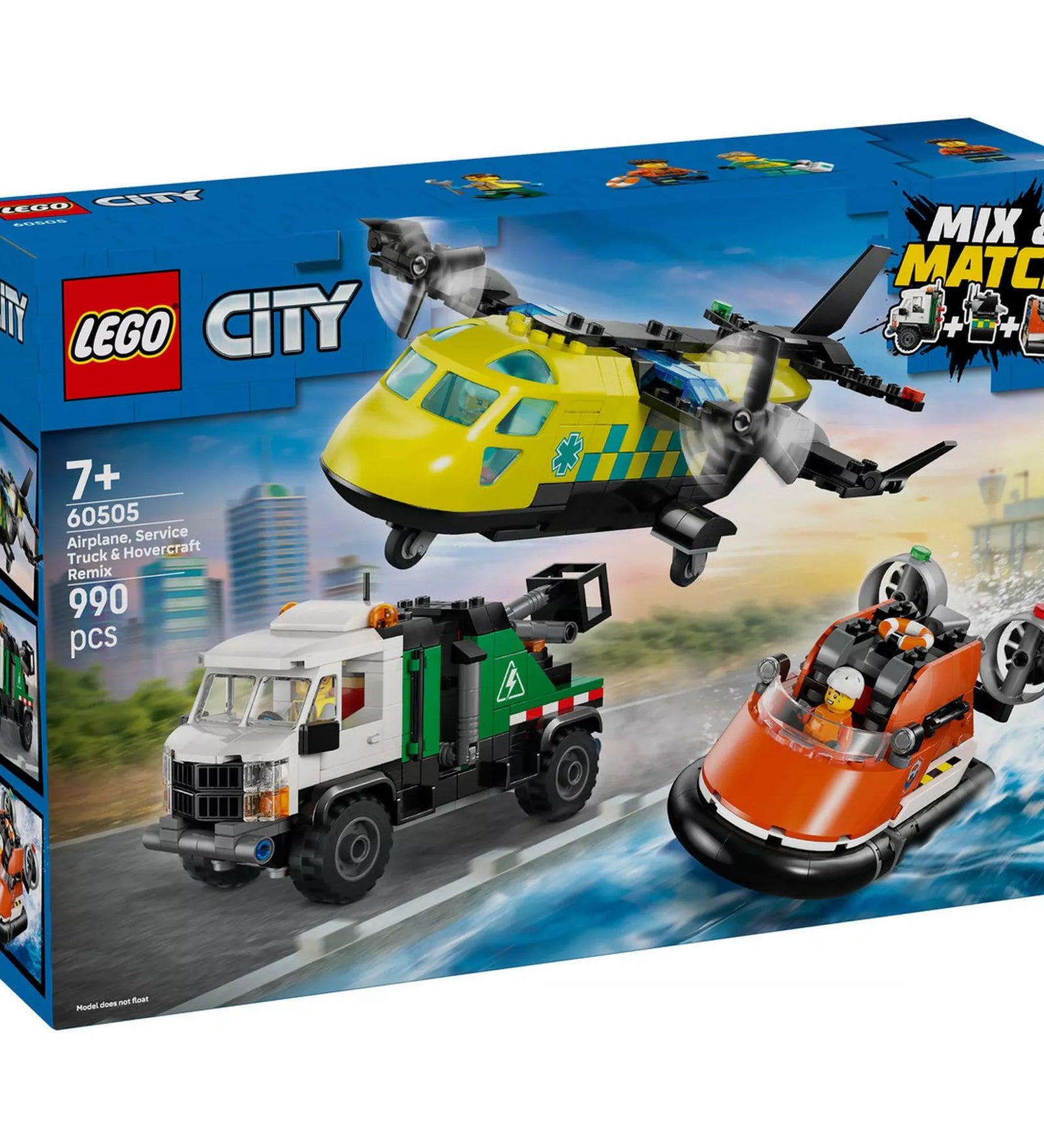 LEGO City 60505 Repülőgép, szervizteherautó és légpárnás jármű moduláris készlet dobozképe, mentőrepülővel, szervizkamionnal és parti őrség légpárnás hajójával