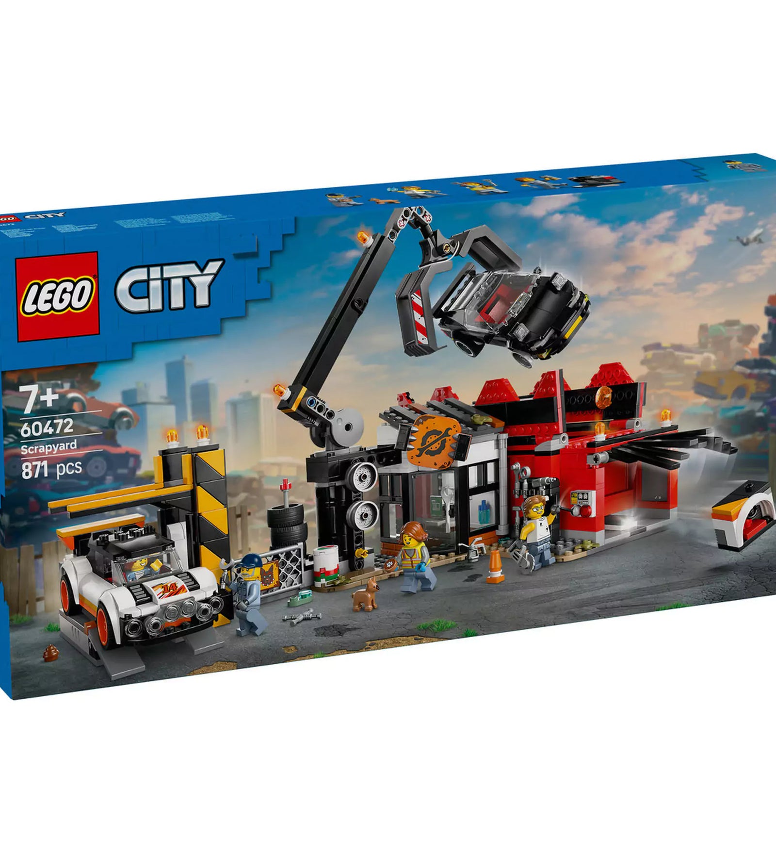LEGO City Roncstelep autókkal 60472 dobozának eleje - A LEGO City Roncstelep autókkal (60472) szett doboza, amely a roncstelep és járművek izgalmas funkcióit mutatja be.