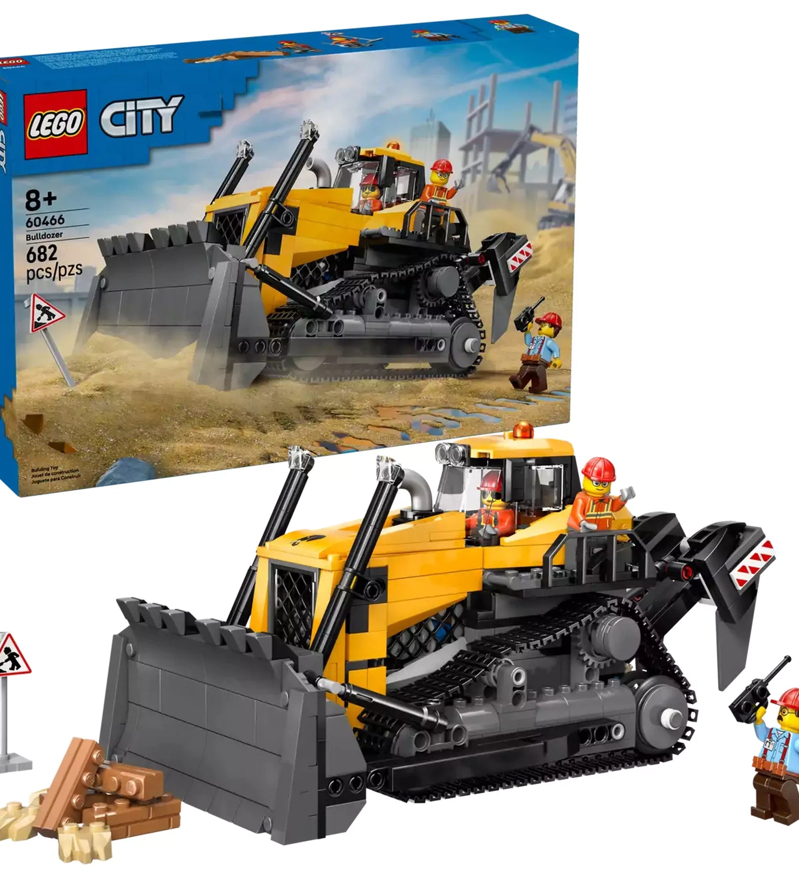 LEGO City: Sárga buldózer 60466 készlet teljes tartalma kibontva, a dobozzal, buldózerrel és három minifigurával együtt.