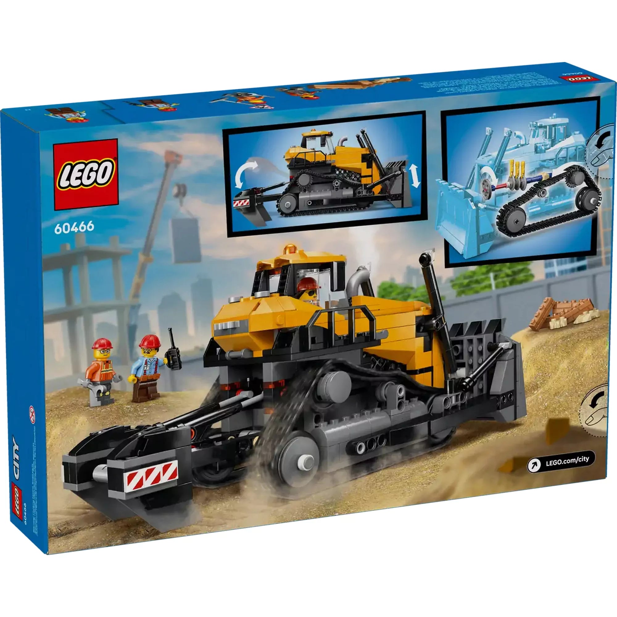 LEGO City: Sárga buldózer 60466 hátoldali dobozkép, működési funkciókat és belső mechanikát bemutató illusztrációkkal.