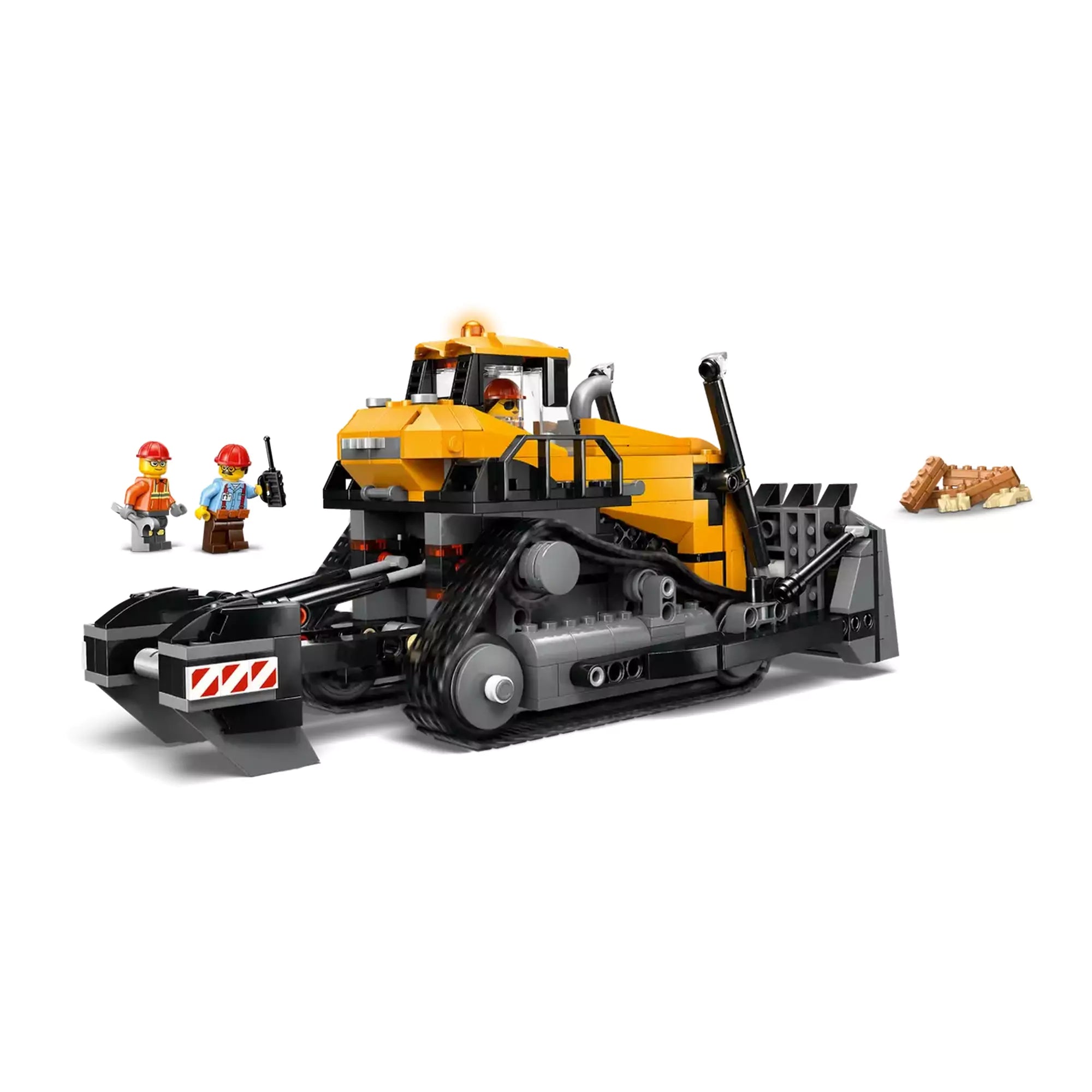 LEGO City: Sárga buldózer 60466 oldalnézet, két építőmunkás minifigurával és elforgatott tolólappal.
