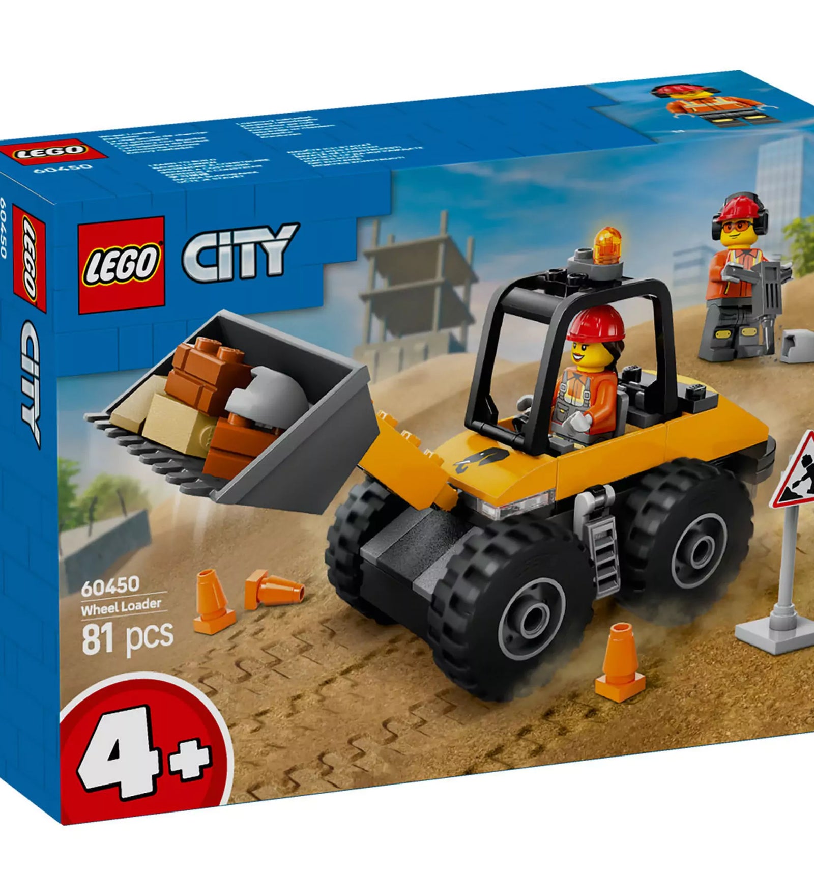 LEGO City Sárga, kerekes rakodógép 60450 játékdoboz elölről, rajta a rakodógép és a kiegészítők illusztrációjával.