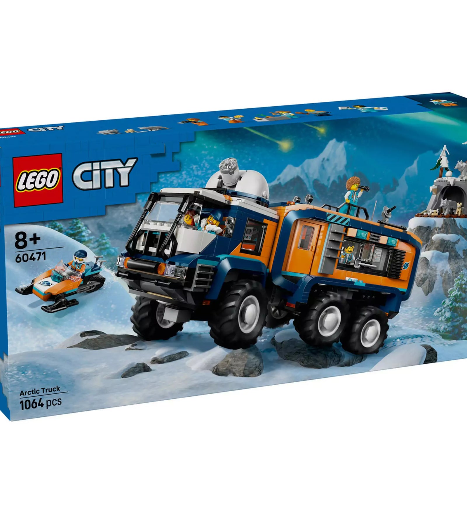 A LEGO City Sarkvidéki felfedezők mozgó laborja (60471) dobozkép havas háttérrel, amelyen a nagy kerekű kutatójármű, egy hószán és több minifigura is látható.