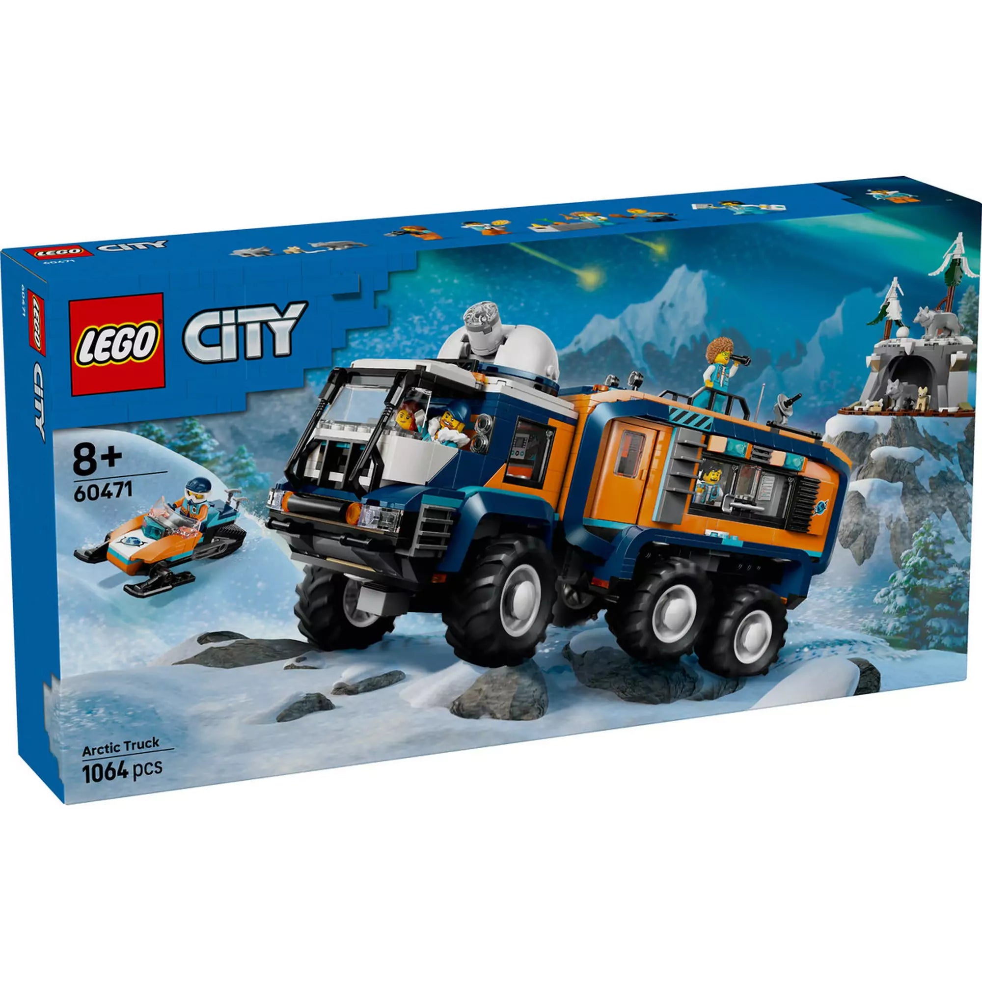 A LEGO City Sarkvidéki felfedezők mozgó laborja (60471) dobozkép havas háttérrel, amelyen a nagy kerekű kutatójármű, egy hószán és több minifigura is látható.