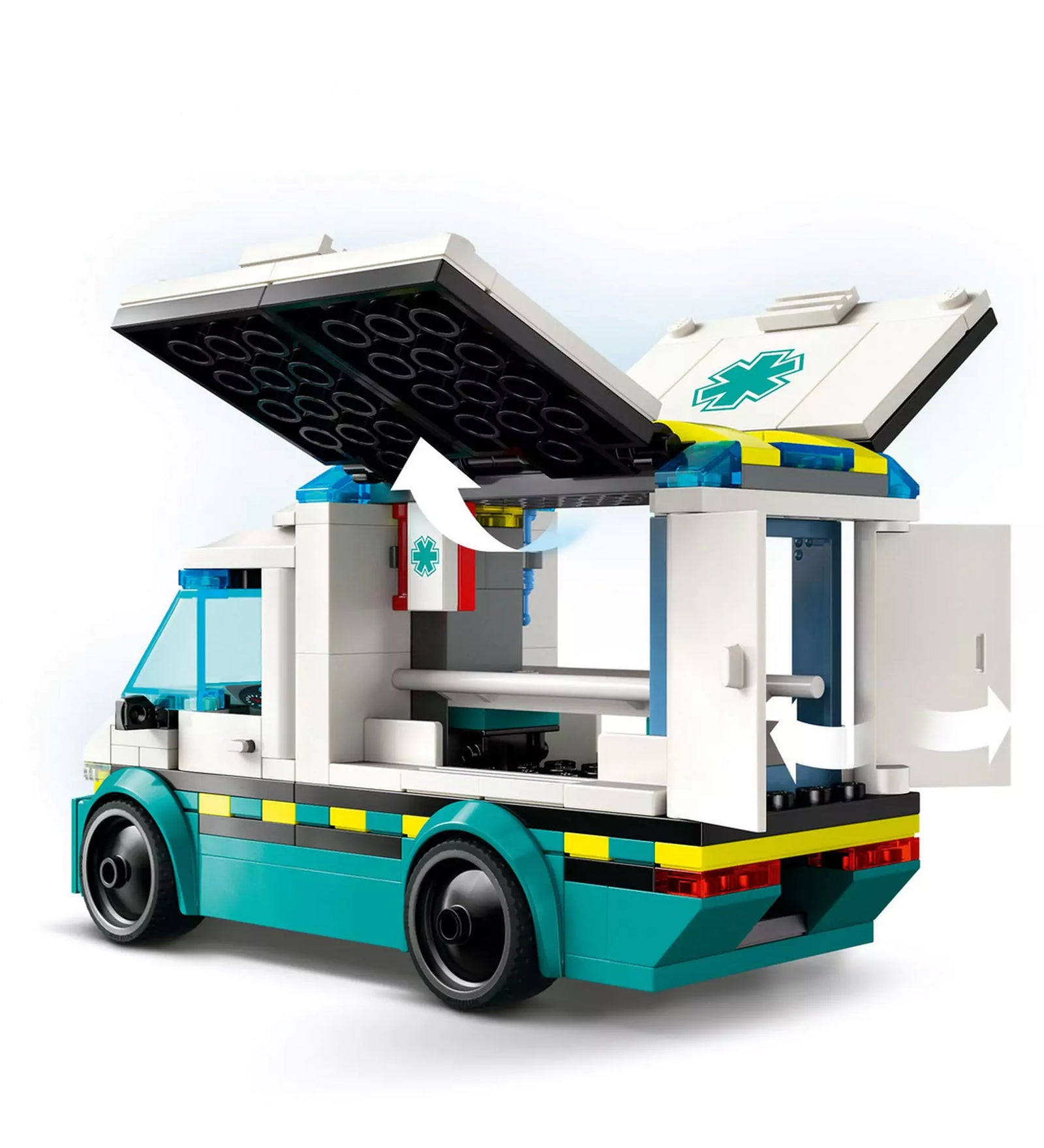 LEGO City Sürgősségi mentőautó 60451, nyitható oldalpanelek és hátsó ajtók részletei.