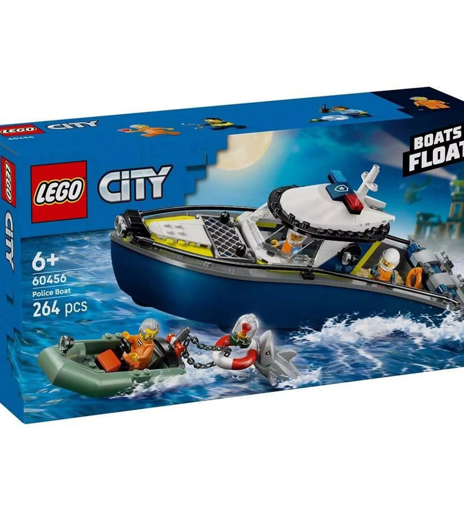 A LEGO City Rendőrségi motorcsónak (60456) doboza, rajta a motorcsónak üldöz egy gumicsónakban menekülő bűnözőt, miközben egy cápa úszik a közelben.