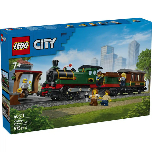 LEGO City Veterán gőzvonat 60511 dobozkép klasszikus zöld gőzmozdonnyal, személykocsival és állomási jelenettel.
