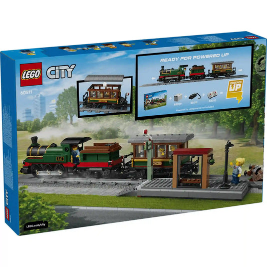 LEGO City Veterán gőzvonat 60511 doboz hátoldala, Powered Up bővítési lehetőségekkel és funkcióbemutató képekkel.