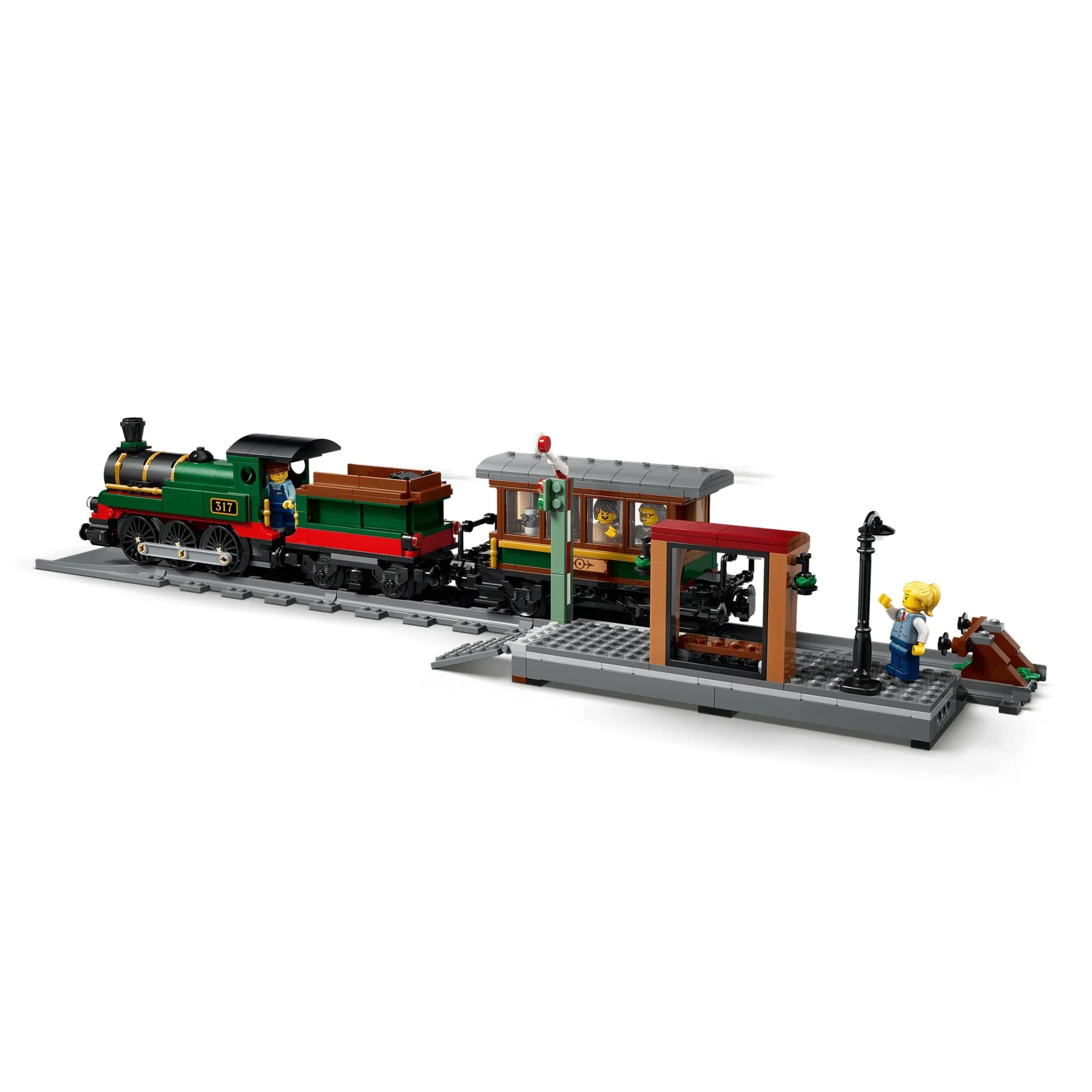 LEGO City Veterán gőzvonat 60511 állomásjelenete működő jelzőberendezéssel, peronnal, lámpaoszloppal és klasszikus vasúti kocsival.