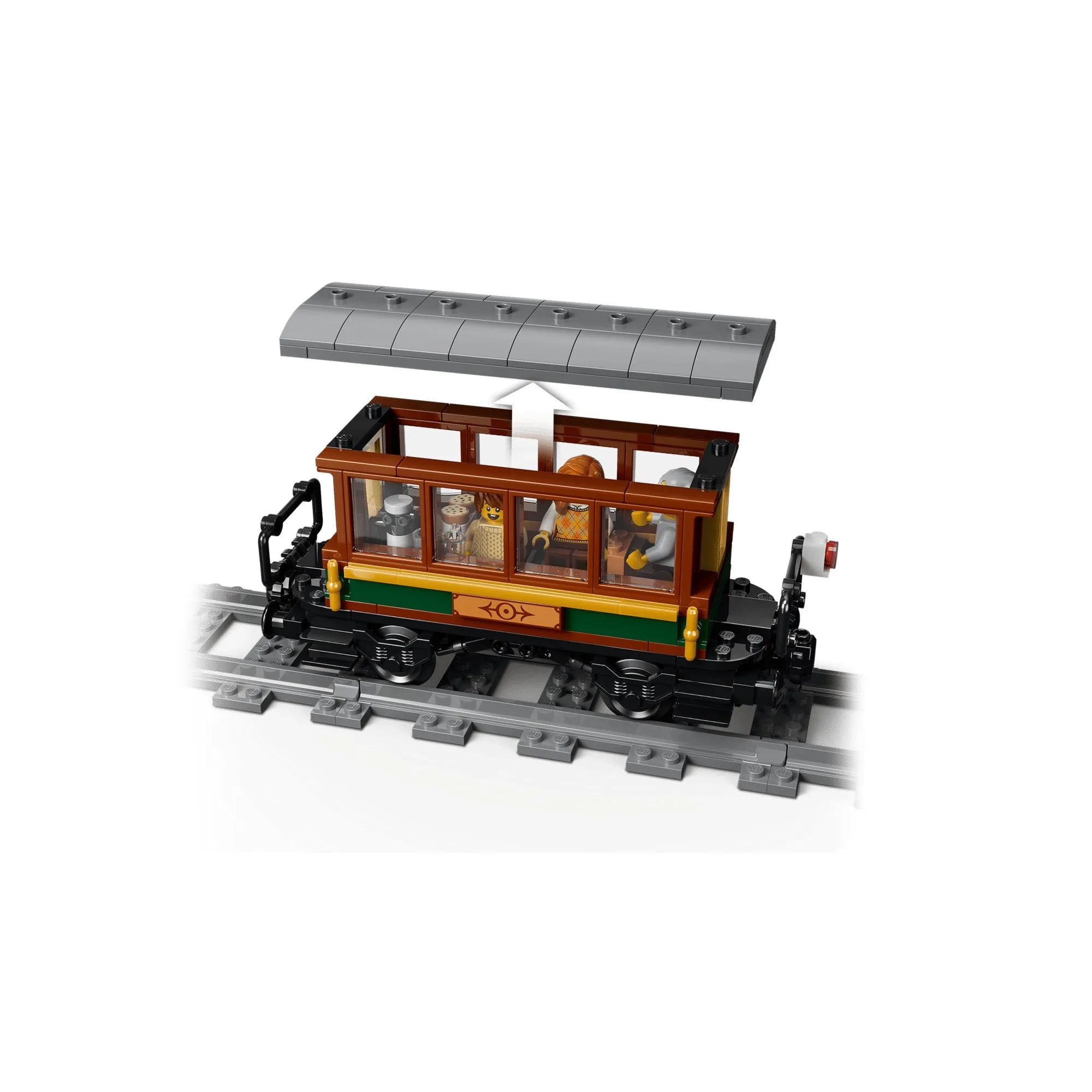 LEGO City Veterán gőzvonat 60511 személykocsi levehető tetővel, részletes utastérrel és utas minifigurákkal.