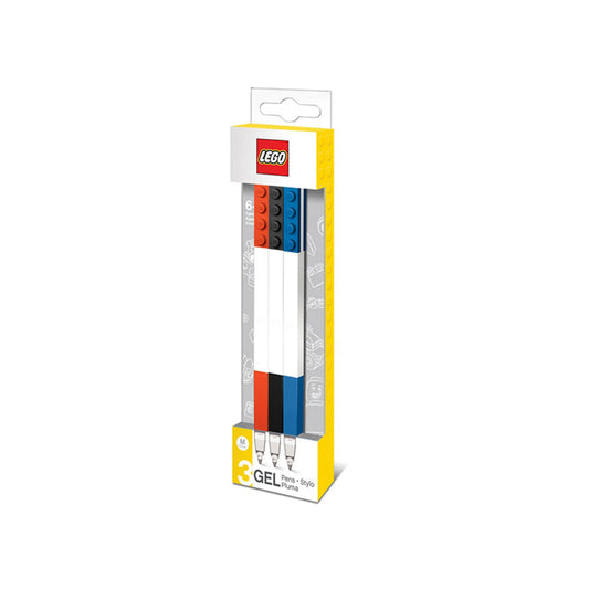 LEGO Classic: 3 darabos zselés toll készlet 51513 – A csomagolásban három LEGO kocka mintájú zselés toll látható piros, fekete és kék színű, átlátszó előlapos dobozban bemutatva.