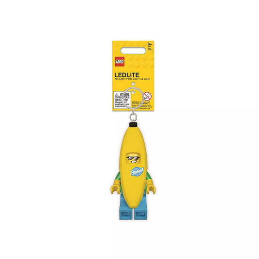 A LEGO Classic: Banán alakú zseblámpa kulcstartó csomagolása, amelyen a napszemüveges LEGO Banán figura látható. A 7,5 cm magas minifigura fém kulcskarikával, LED-fénnyel és mozgatható végtagokkal rendelkezik, ideális táskára vagy kulcscsomóra.
