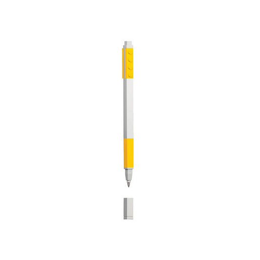 LEGO Classic: 3 darabos zselés toll készlet 51513 sárga színű tollal LEGO kocka mintás kupakkal, fehér háttéren.
