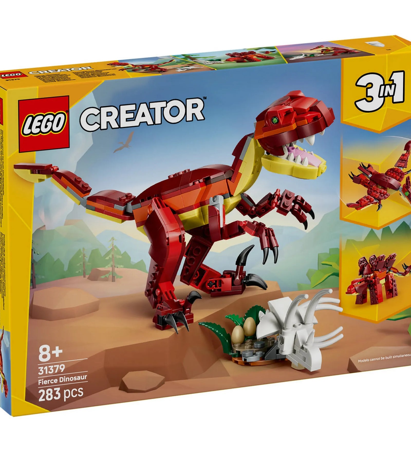 LEGO Creator 3 az 1-ben: Félelmetes dinoszaurusz 31379 elölnézeti dobozkép, T-rex modellel és 3-in-1 jelöléssel.