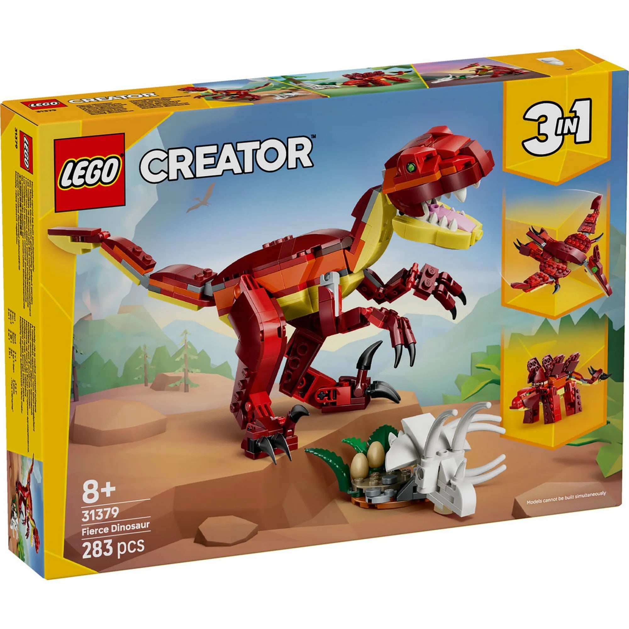 LEGO Creator 3 az 1-ben: Félelmetes dinoszaurusz 31379 elölnézeti dobozkép, T-rex modellel és 3-in-1 jelöléssel.