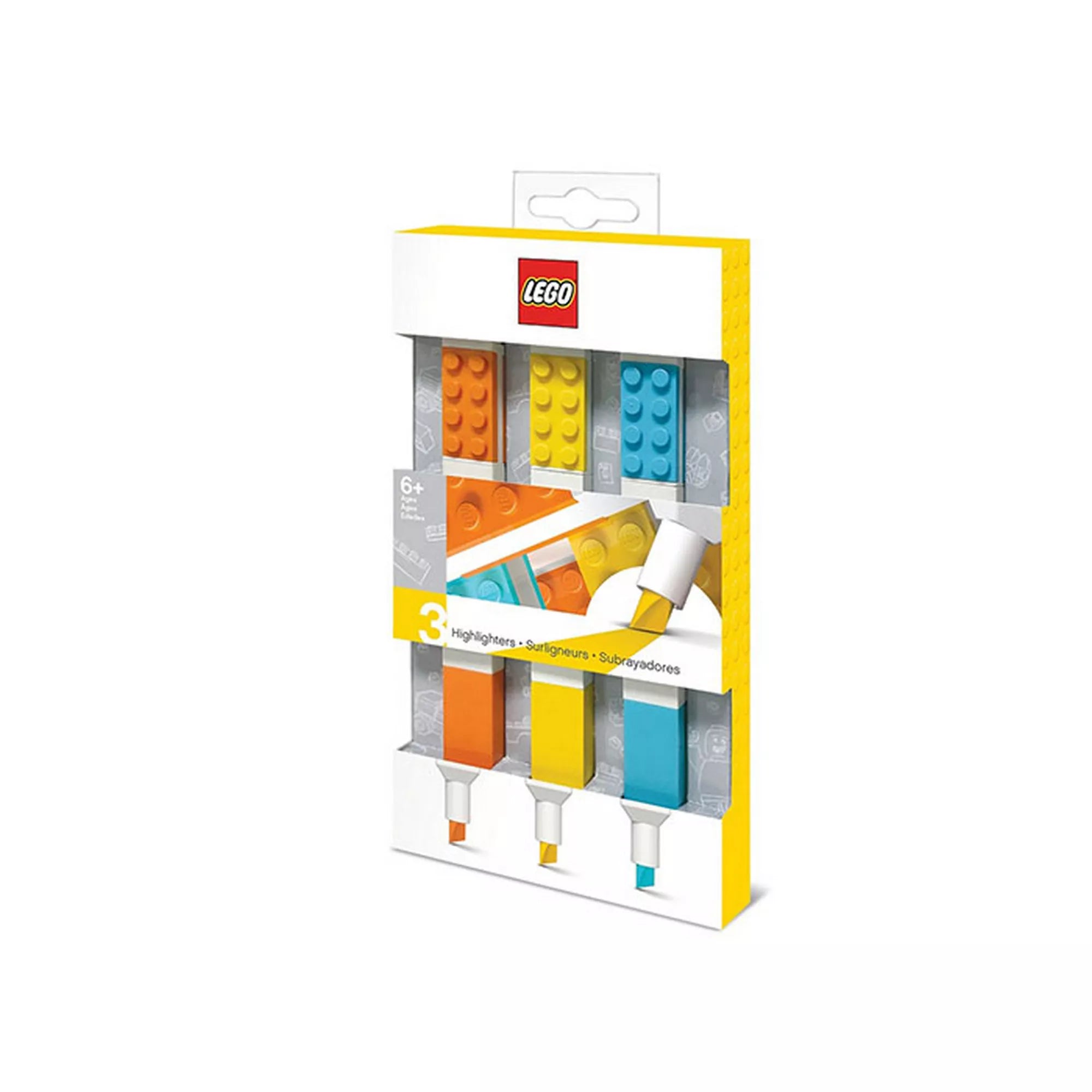 LEGO jelölőfilc készlet 51685 három színes kiemelővel narancssárga sárga és kék LEGO kocka dizájnú filcekkel csomagolásban.