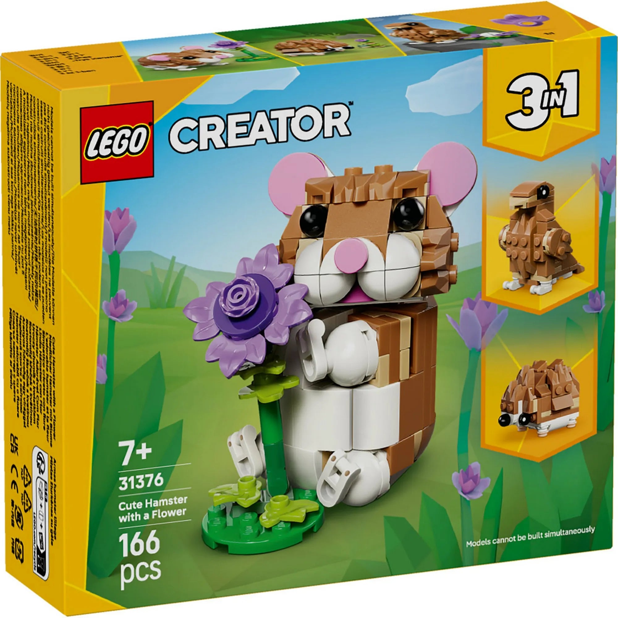 LEGO Creator: Cute Hamster with a Flower (31376) dobozképe, a virágot tartó hörcsög fő modelljével és a 3 az 1-ben építési lehetőséggel.