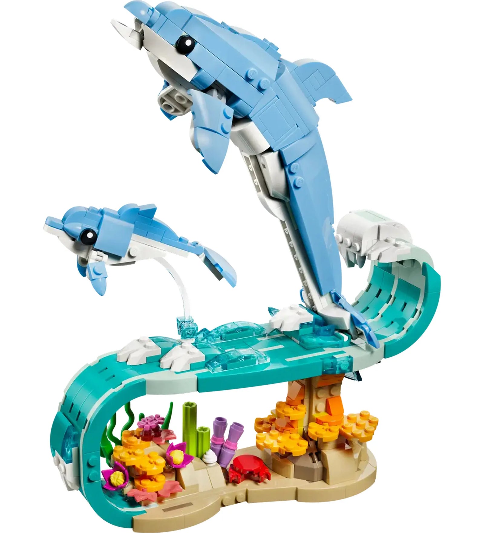 LEGO Creator: Csodálatos delfinek 31385 – A fő delfines modell részletes vízi alappal, korallokkal és tengeri élővilággal.