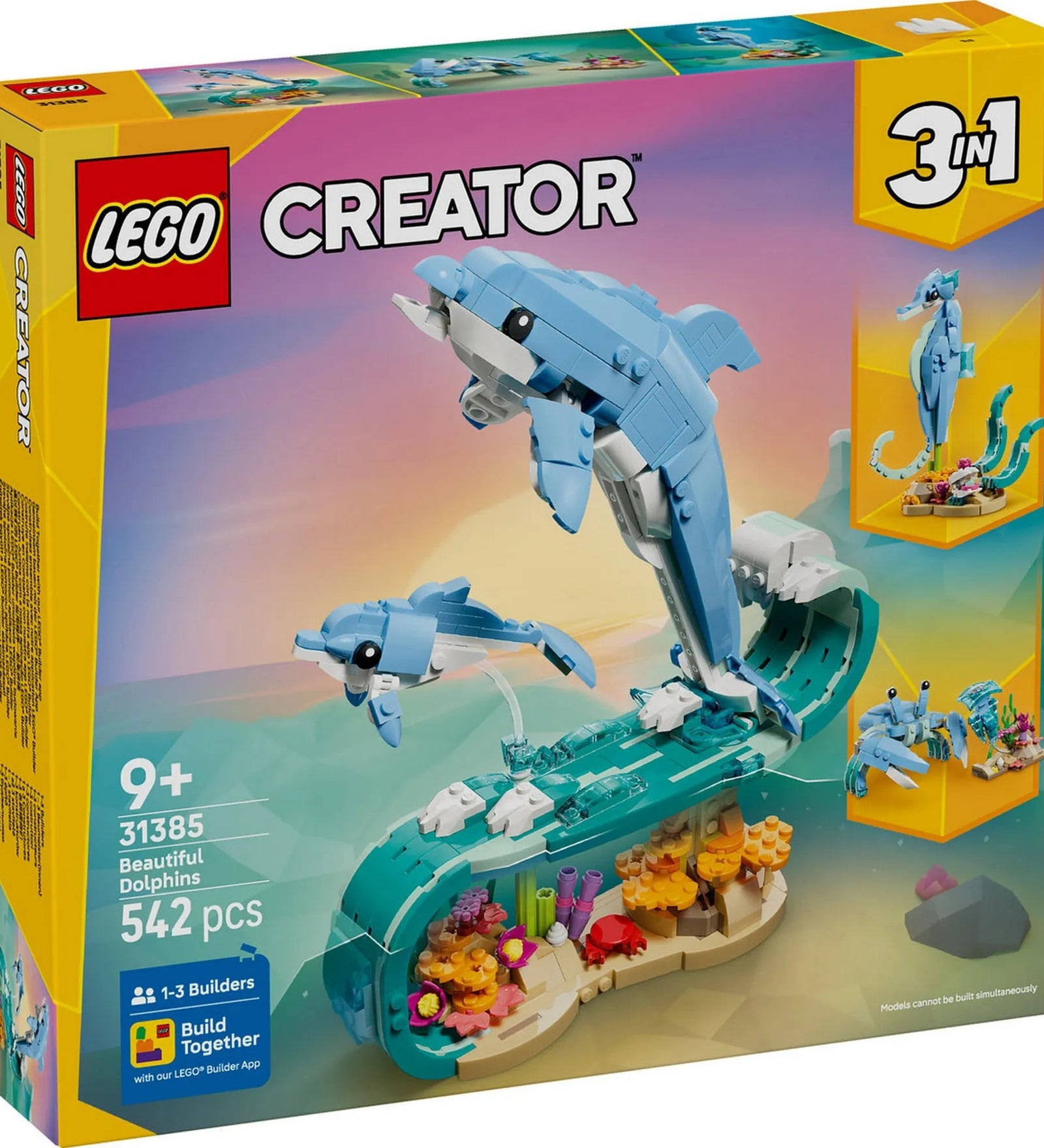 LEGO Creator: Csodálatos delfinek 31385 – A készlet doboza, a delfines fő modellel és a 3 az 1-ben építési lehetőségekkel.