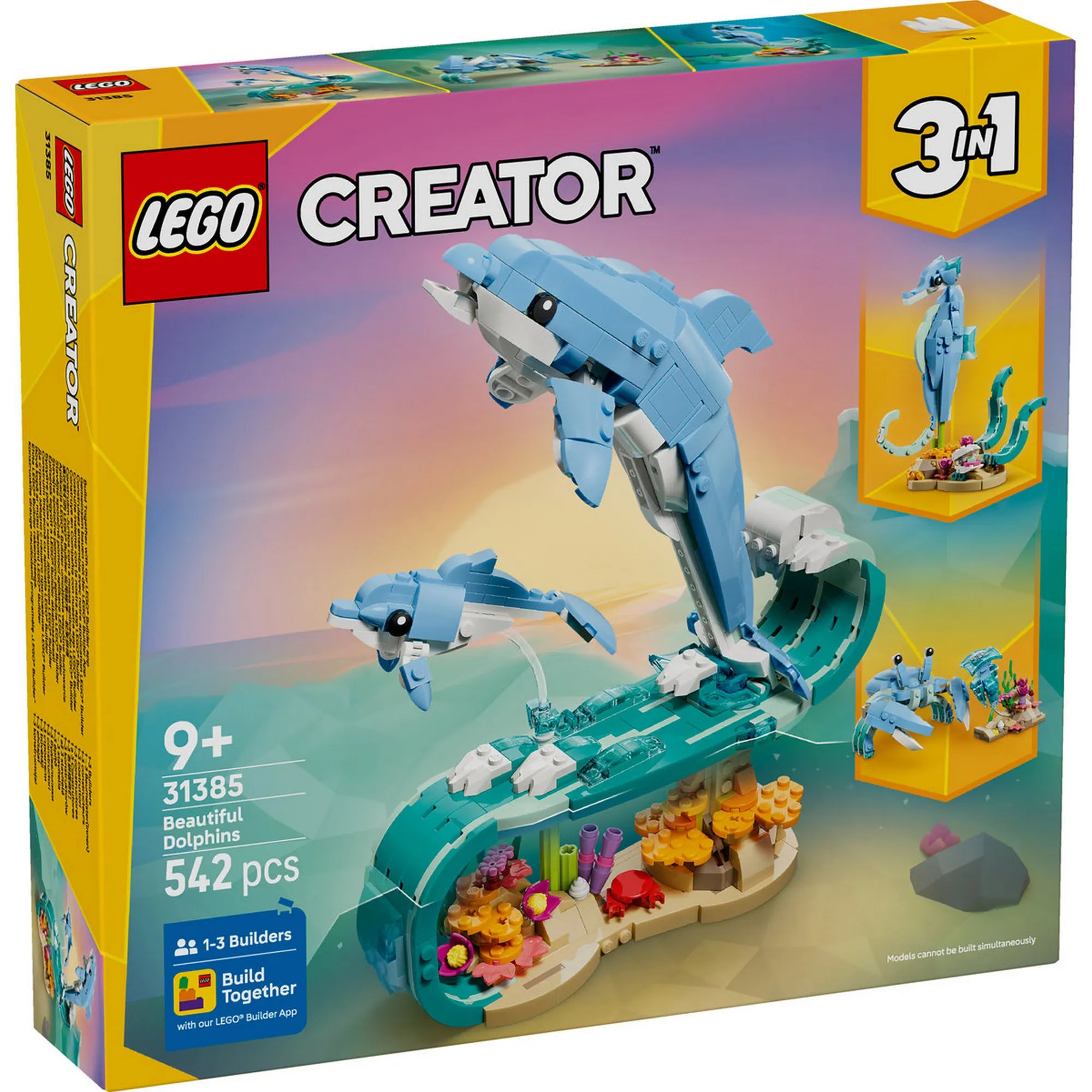 LEGO Creator: Csodálatos delfinek 31385 – A készlet doboza, a delfines fő modellel és a 3 az 1-ben építési lehetőségekkel.