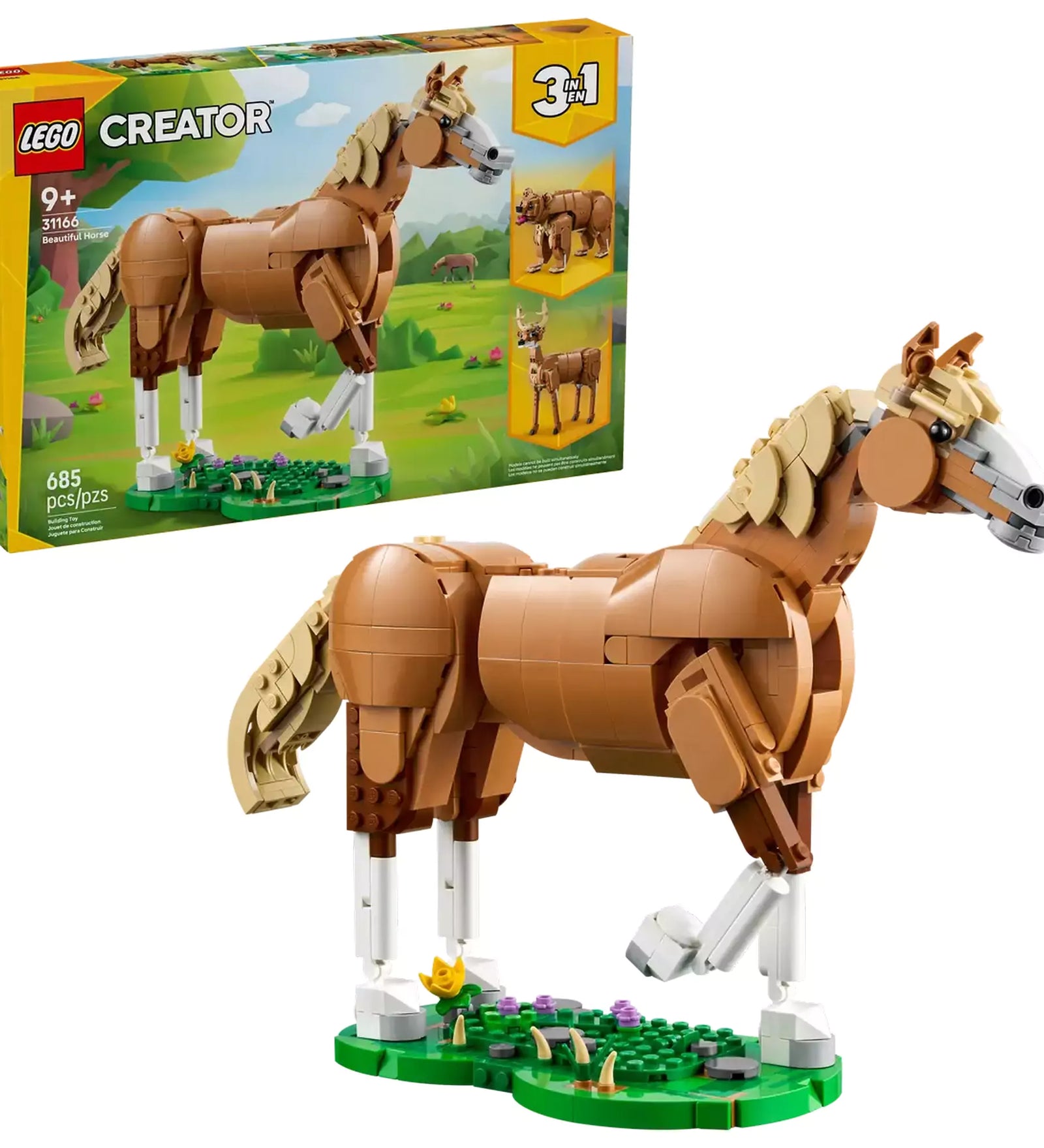 LEGO Creator: Csodaszép ló (31166) dobozkép és felépített barna ló modell füves talapzaton, 3 az 1-ben szett.