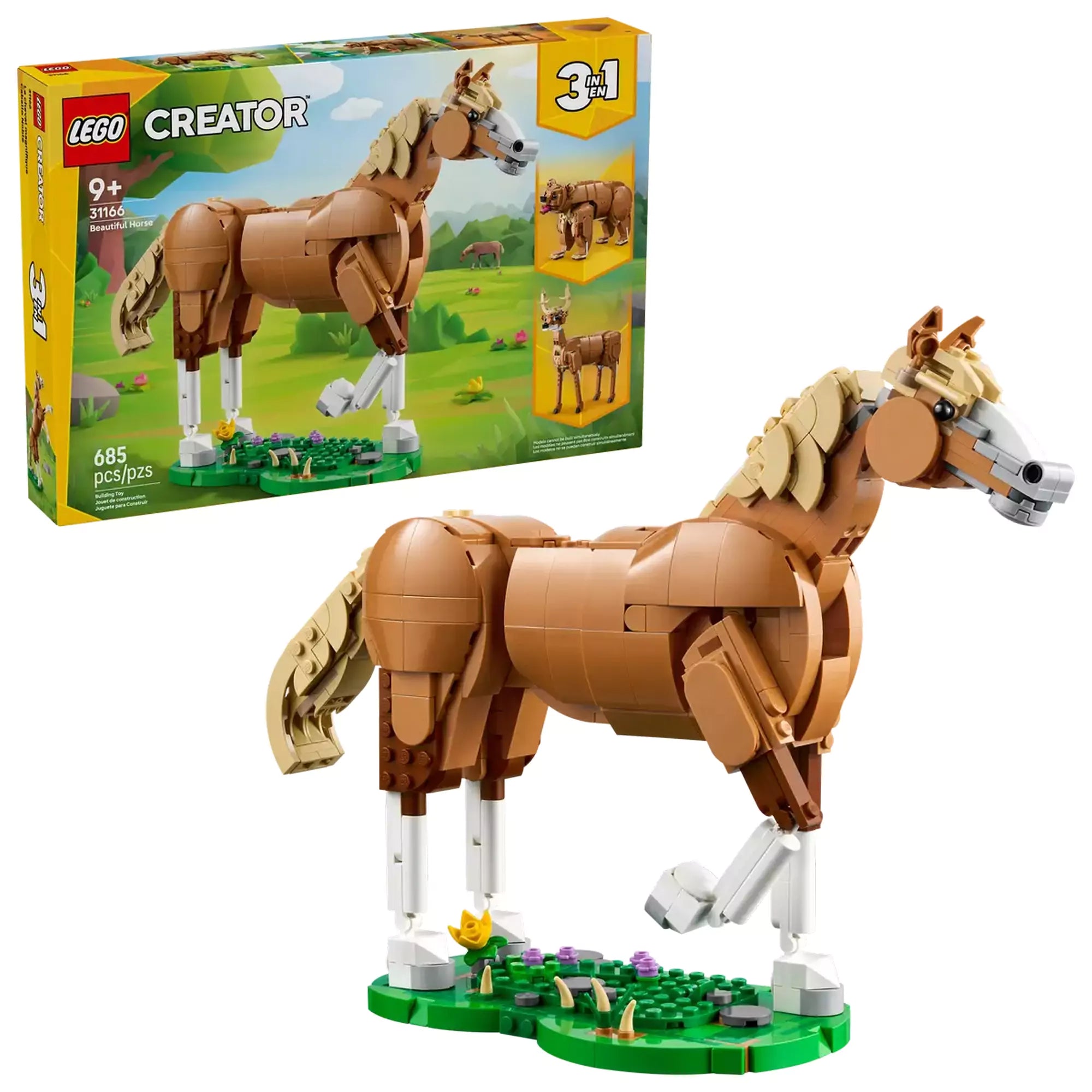 LEGO Creator: Csodaszép ló (31166) dobozkép és felépített barna ló modell füves talapzaton, 3 az 1-ben szett.