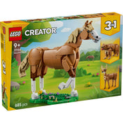 LEGO Creator: Csodaszép ló (31166) dobozkép, barna ló modellel, 3 az 1-ben szett 9+ éves gyerekeknek, 685 elemmel.
