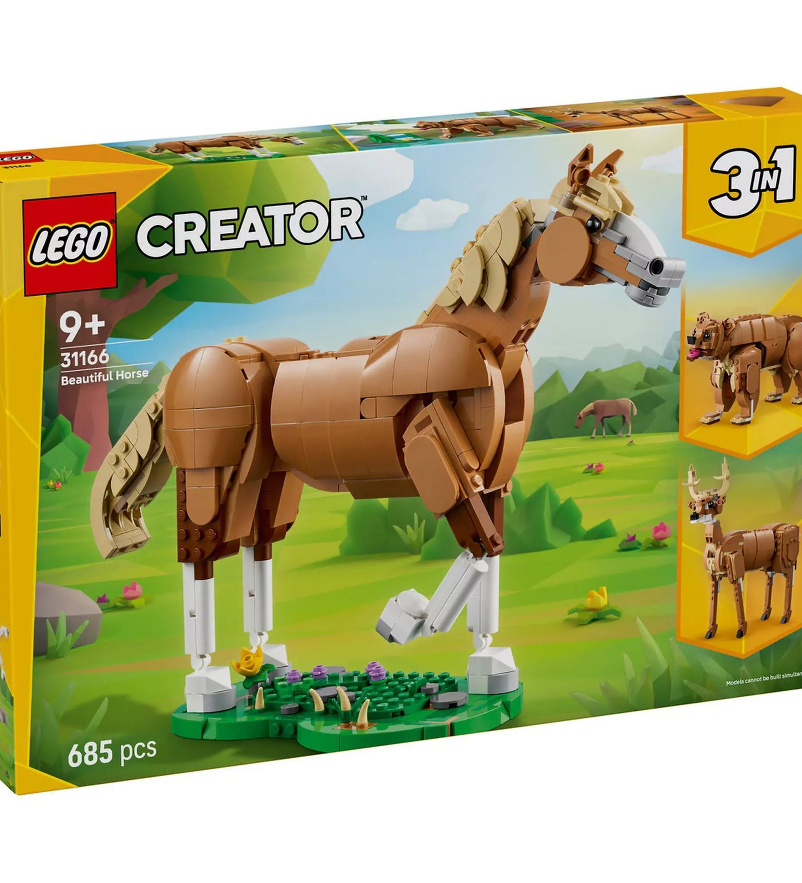 LEGO Creator: Csodaszép ló (31166) dobozkép, barna ló modellel, 3 az 1-ben szett 9+ éves gyerekeknek, 685 elemmel.