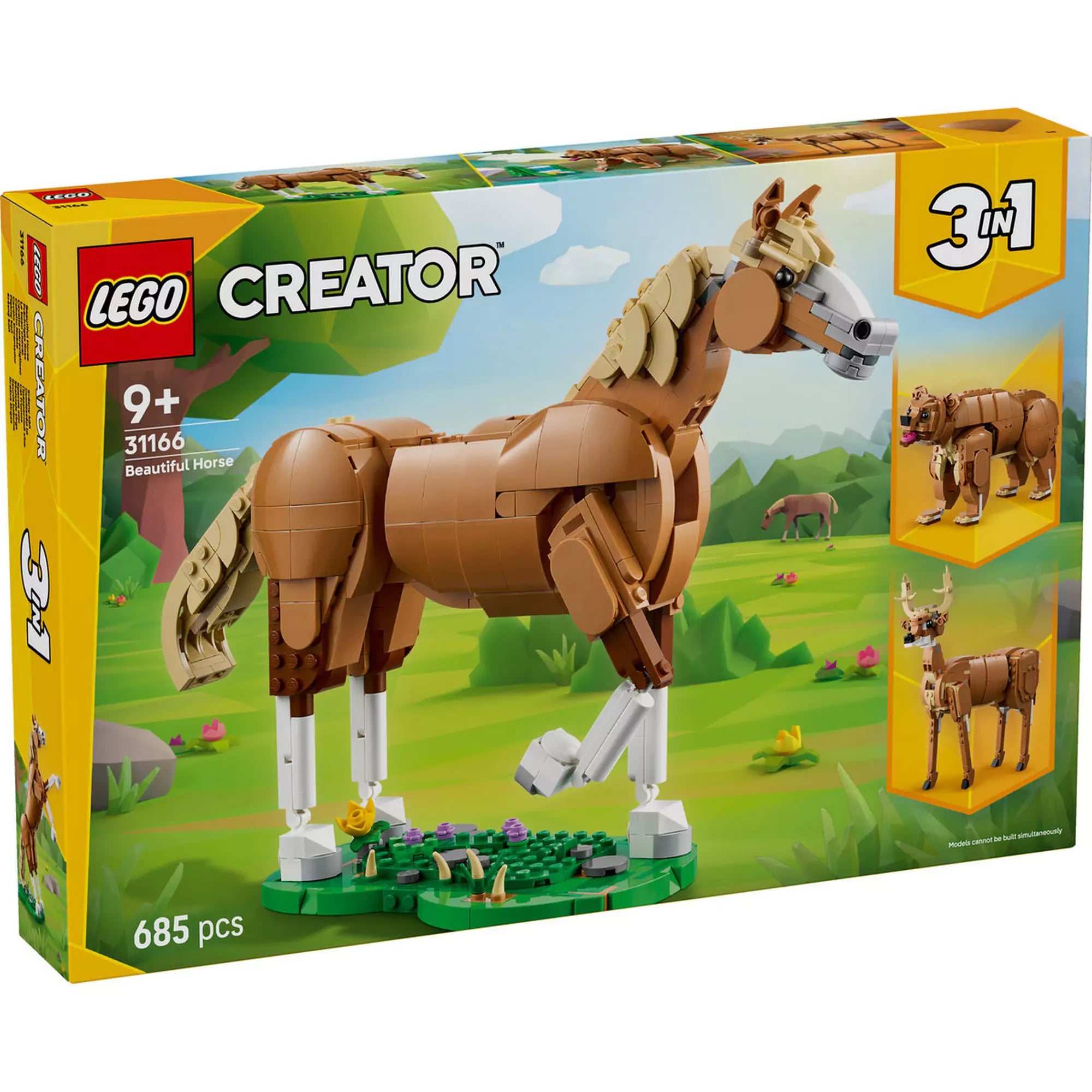 LEGO Creator: Csodaszép ló (31166) dobozkép, barna ló modellel, 3 az 1-ben szett 9+ éves gyerekeknek, 685 elemmel.