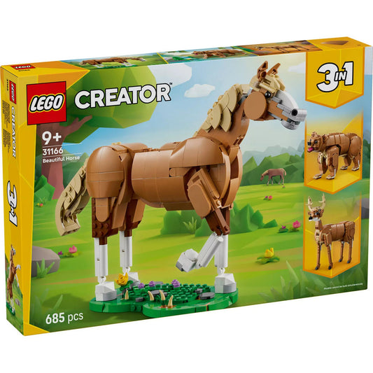 LEGO Creator: Csodaszép ló (31166) dobozkép, barna ló modellel, 3 az 1-ben szett 9+ éves gyerekeknek, 685 elemmel.