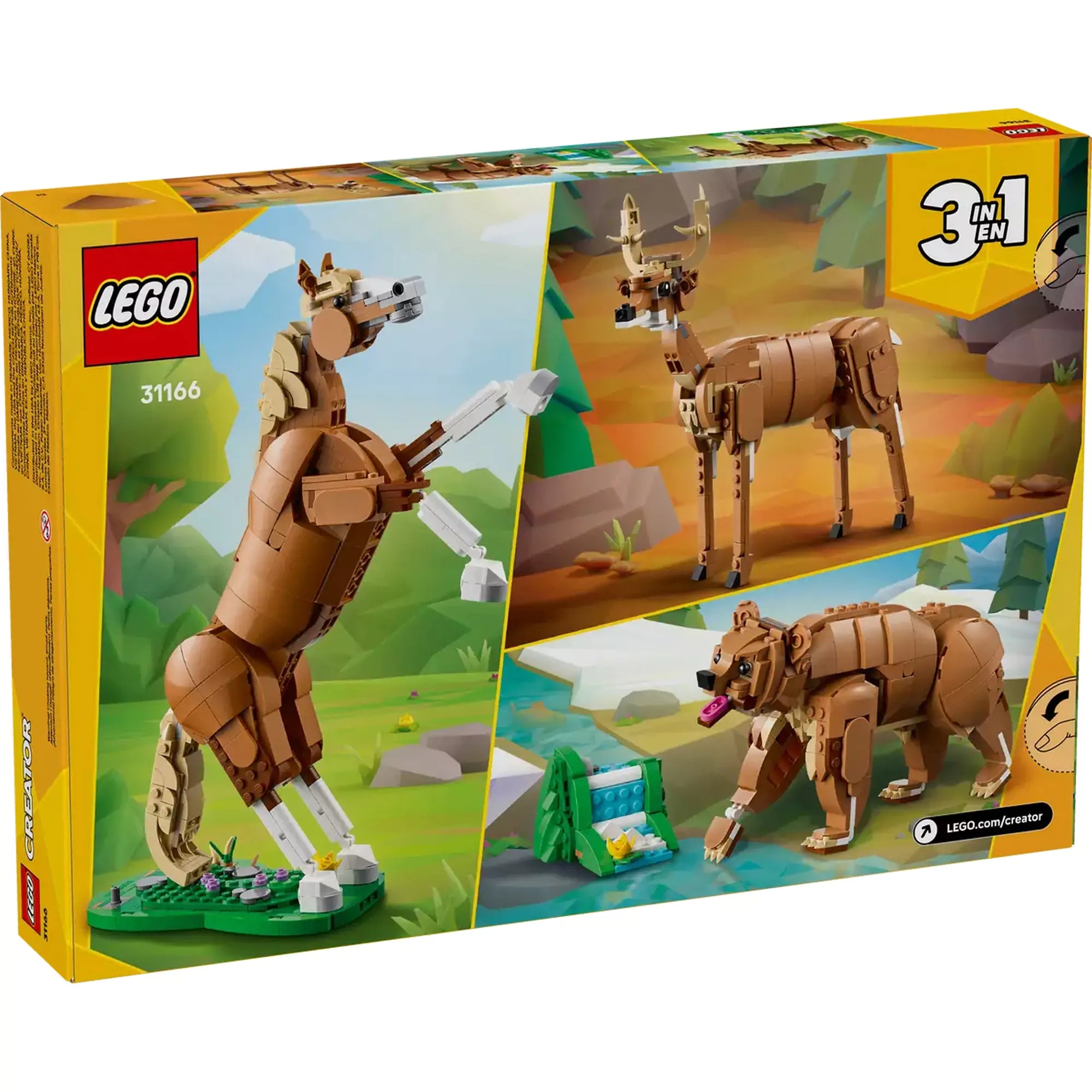 LEGO Creator: Csodaszép ló (31166) dobozhátlap, a ló, a szarvas és a medve alternatív modelljeivel.