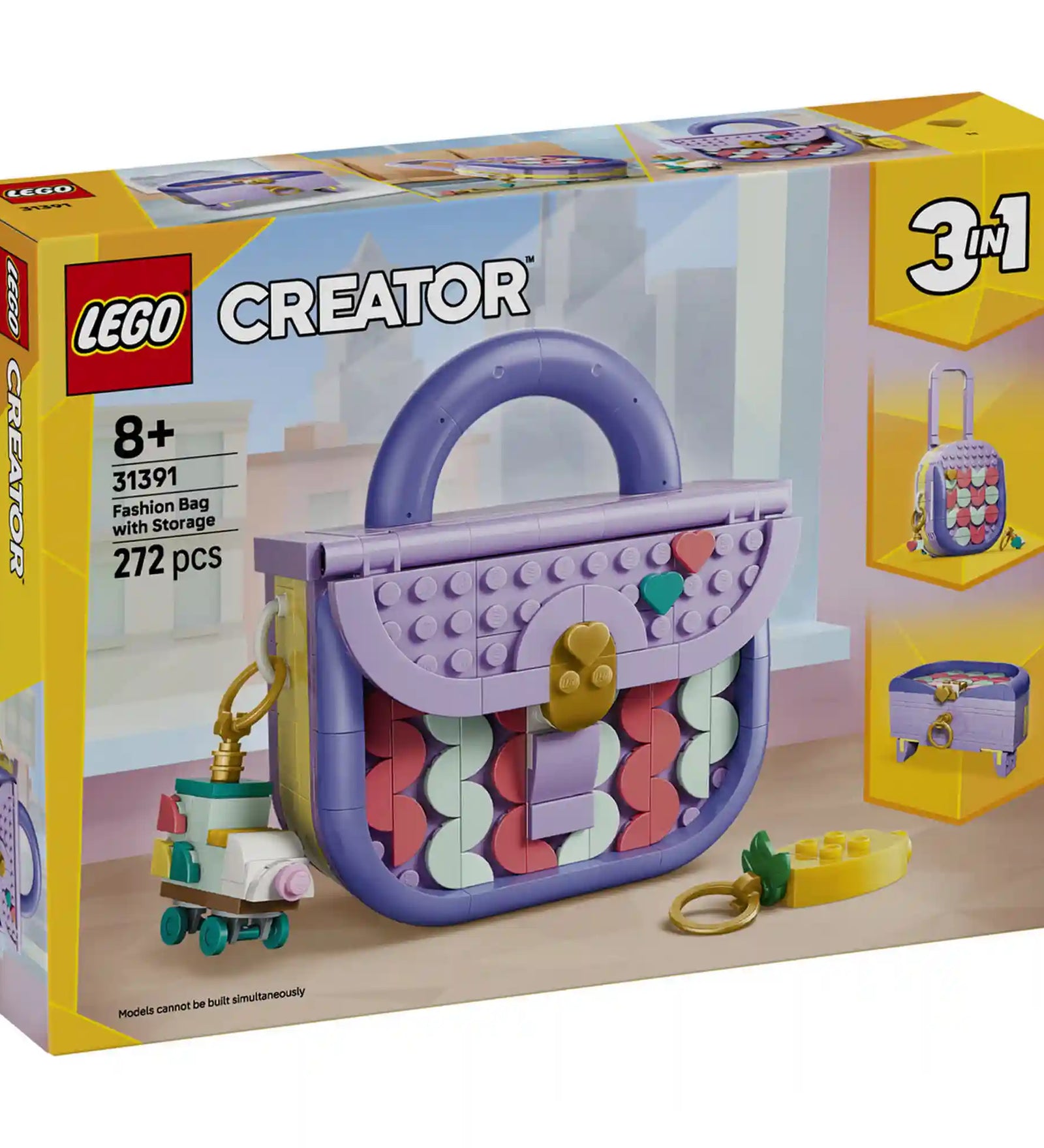 LEGO Creator 3 az 1-ben Dekorálható táska készlet dobozképe, amely a lila kézitáska modellt és a két alternatív építési lehetőséget mutatja be.