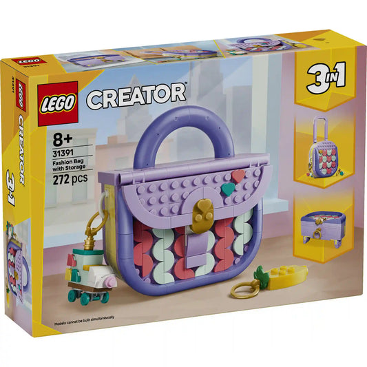 LEGO Creator 3 az 1-ben Dekorálható táska készlet dobozképe, amely a lila kézitáska modellt és a két alternatív építési lehetőséget mutatja be.