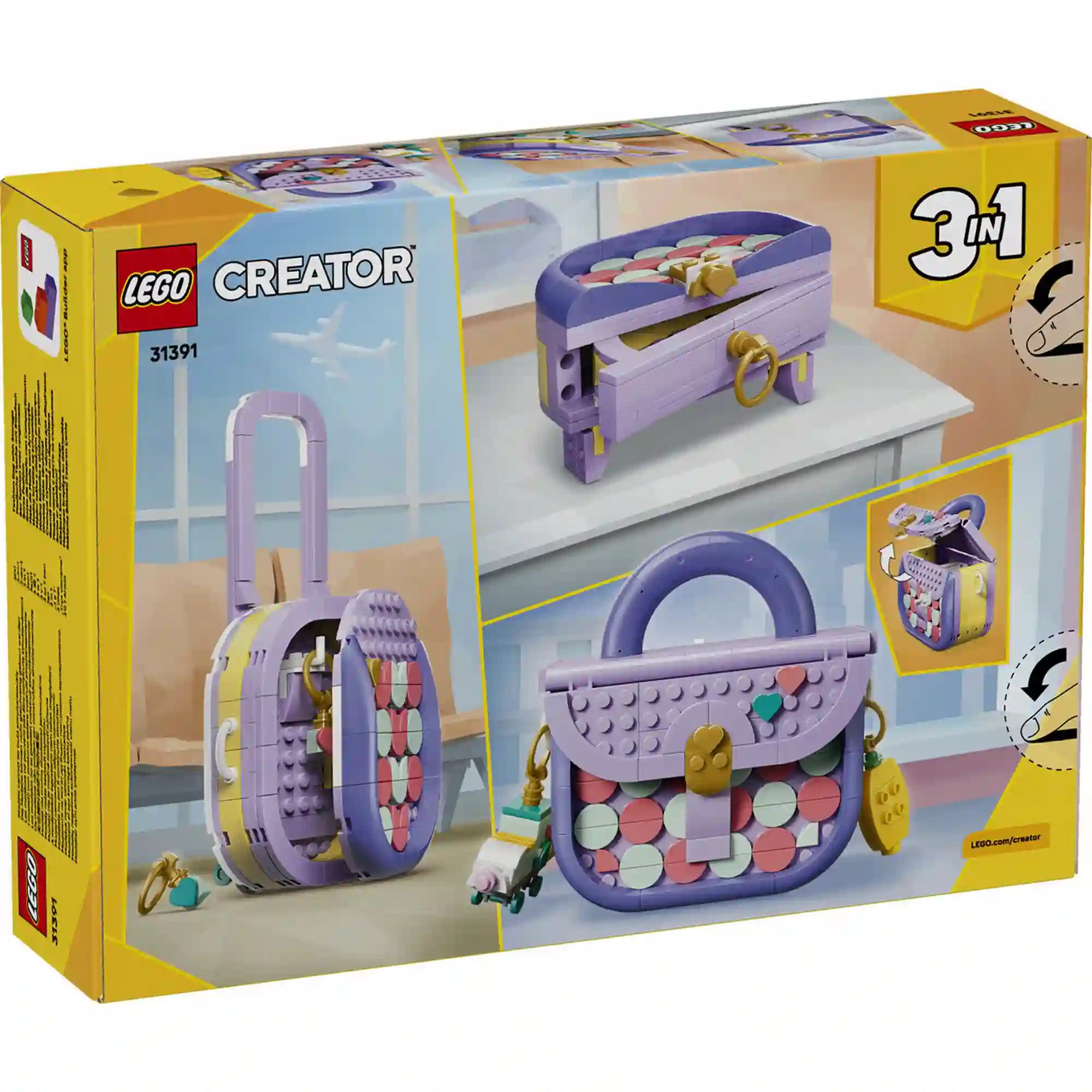 LEGO Creator 3 az 1-ben Dekorálható táska készlet hátoldali dobozképe, amely bemutatja a táska, a gurulós bőrönd és a tárolódoboz változatokat, valamint a nyitható tárolórekeszeket.