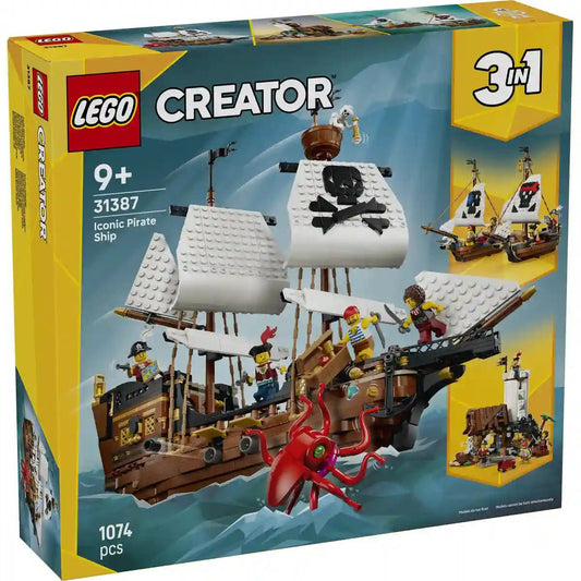 A LEGO Creator 3 az 1-ben Ikonikus kalózhajó (31387) készlet dobozának fedolapja, amely részletesen bemutatja a kalózhajó, a kalózkastély és a két ikerhajó alternatív építési lehetőségeit.