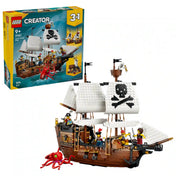 LEGO Creator 3 az 1-ben Ikonikus kalózhajó (31387) készlet fő modellje a termék dobozával együtt. A barna kalózhajó nagy fehér vitorlákkal, kalózlobogóval, ágyúkkal, öt minifigurával és egy vörös tengeri szörnnyel látható.