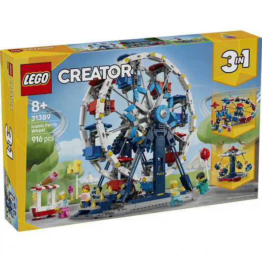 A LEGO Creator 3 az 1-ben Ikonikus óriáskerék (31389) készlet hivatalos dobozképe, amely a forgatható óriáskereket, a vidámparki környezetet és a két alternatív modellt mutatja be.