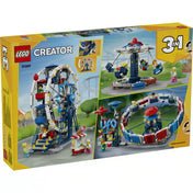 A LEGO Creator 3 az 1-ben Ikonikus óriáskerék (31389) készlet hátoldala, amely bemutatja a három építési lehetőséget: az óriáskereket, az UFO-körhintát és a láncos körhintát, valamint azok játéklehetőségeit.