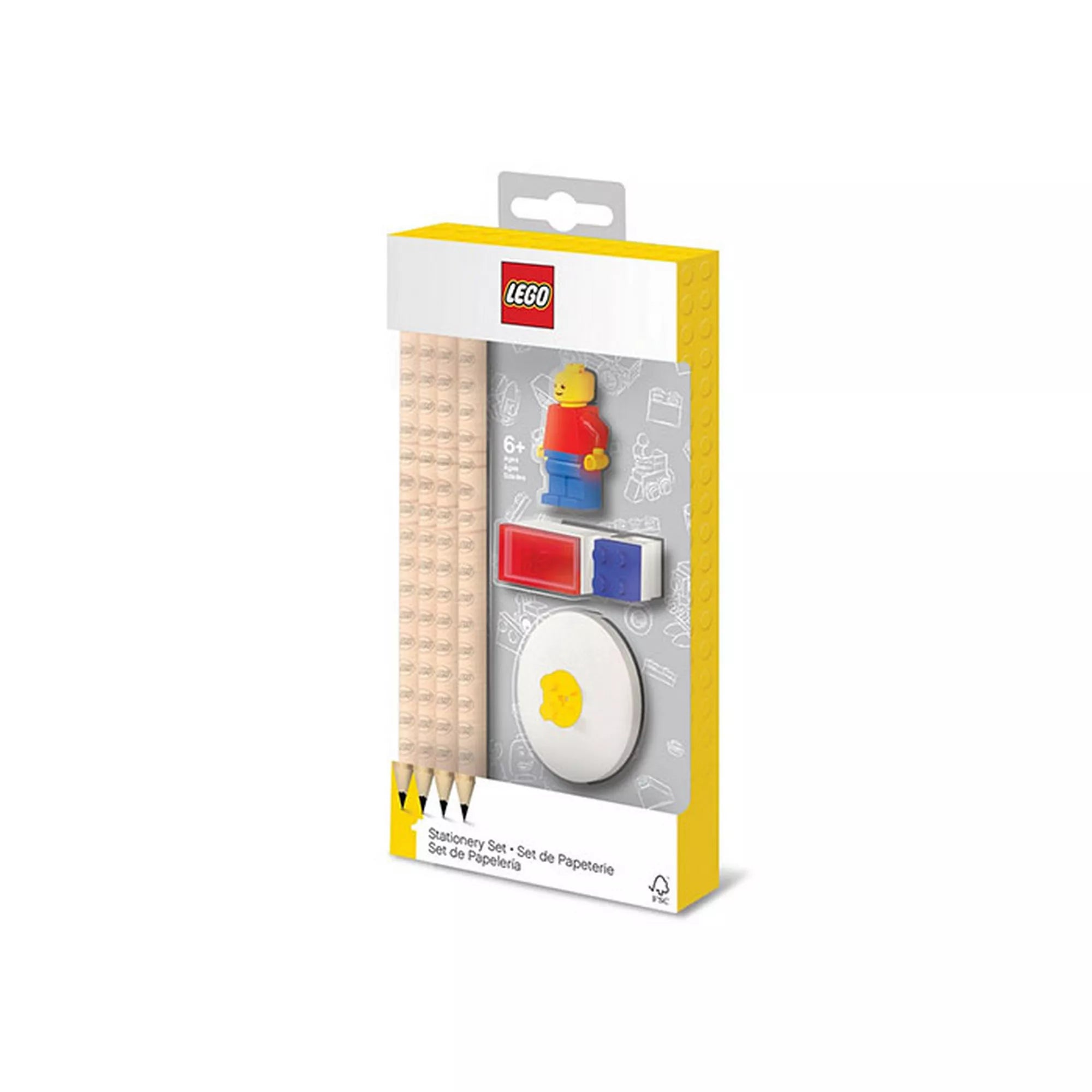 LEGO írószer szett 52053 ceruzákkal minifigurával radírral és hegyezővel LEGO dizájnú iskolai készlet csomagolásban.