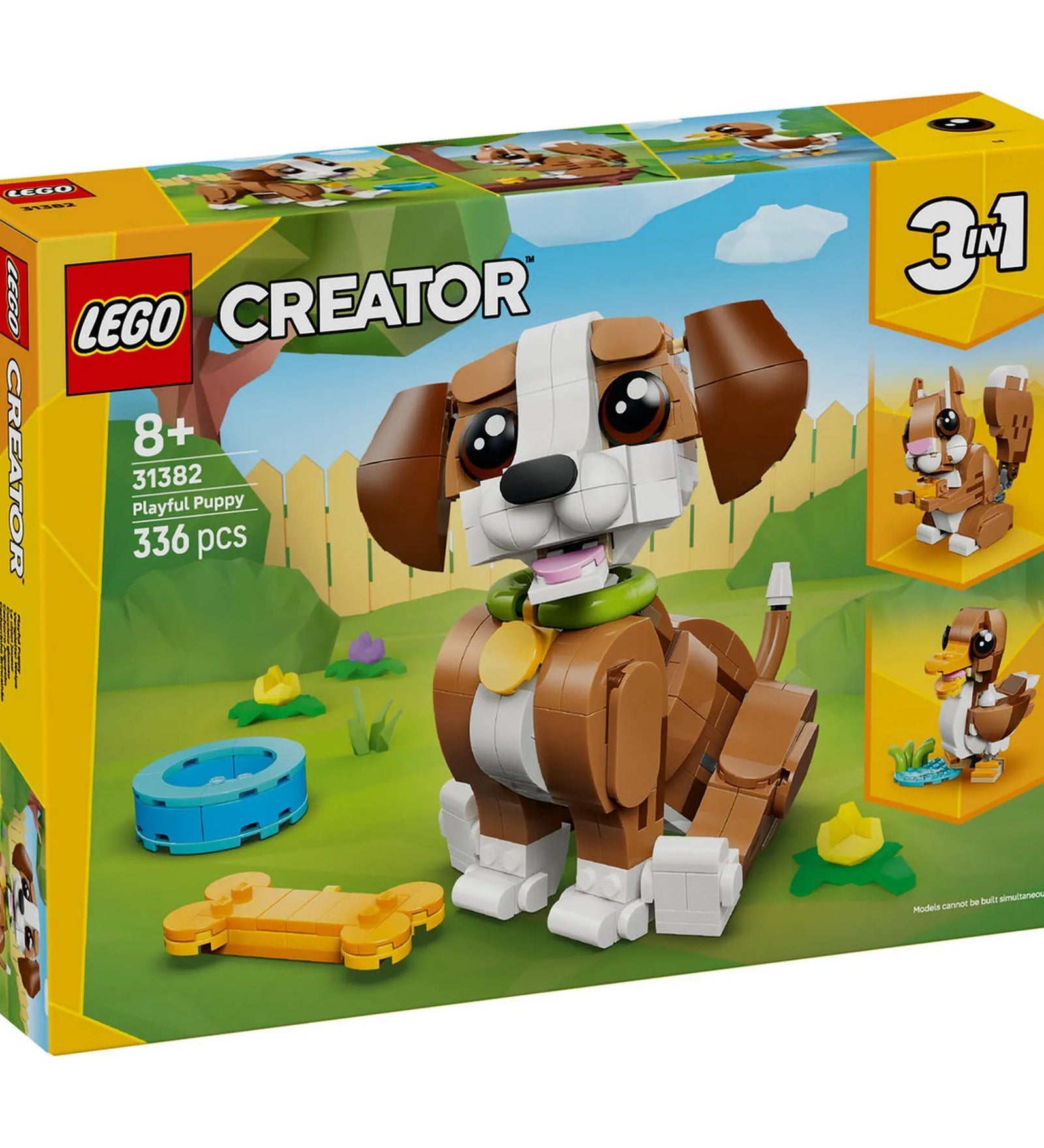 LEGO Creator 3 az 1-ben: Játékos kiskutya 31382 – Dobozkép a megépíthető kiskutyával és a 3 az 1-ben építési lehetőségekkel.