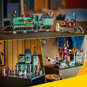 LEGO Creator Kísértetkastély (31167) három modell bemutató – Az épített kísértetvonat, a kalózhajó és a zöld kísértetkastély együtt, a minifigurákkal és szellemekkel.